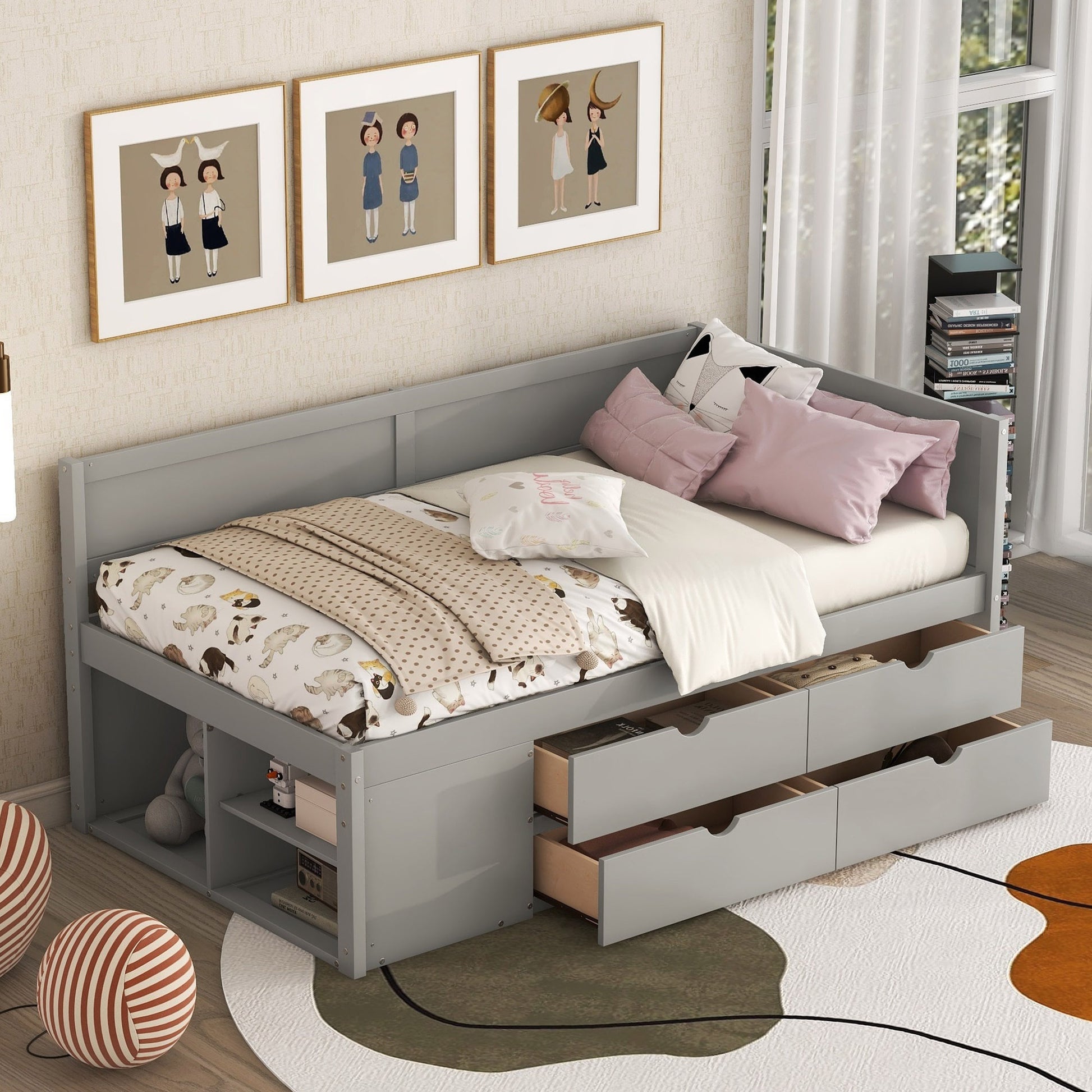 Twin Size Daybed With Drawers And Shelves, Gray Gray Solid Wood