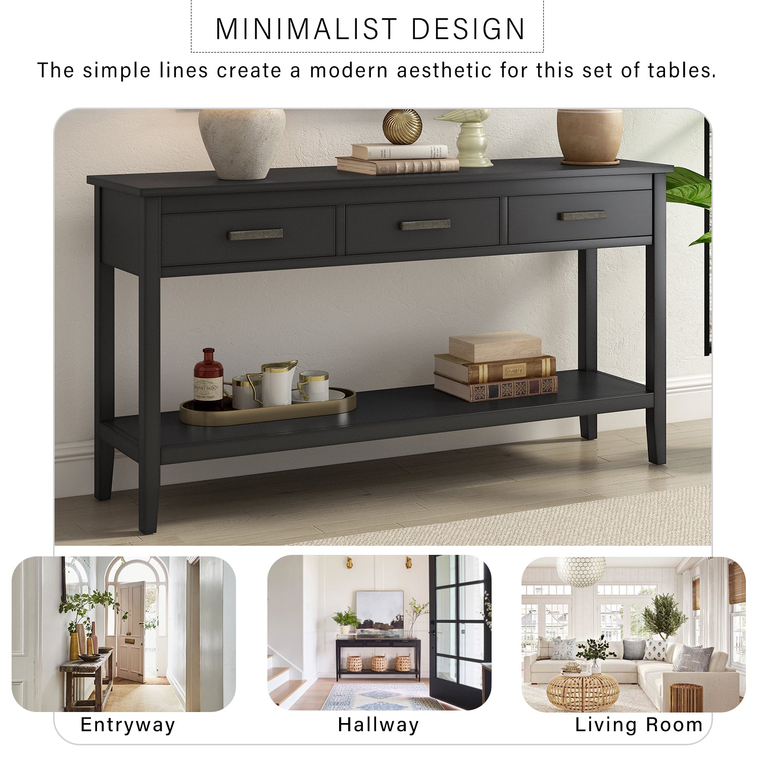 Contemporary 3 Drawer Console Table With 1 Shelf, Entrance Table For Entryway, Hallway, Living Room, Foyer, Corridor Black Primary Living Space American Design Mdf