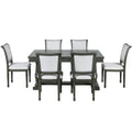 7 Piece Dining Table With 4 Trestle Base And 6 Upholstered Chairs With Slightly Curve And Ergonomic Seat Back Gray Upholstered Chair Wood Gray Seats 6 Wood Dining Room Distressed Finish American Design,Antique Trestle Rectangular Dining Table With Chair