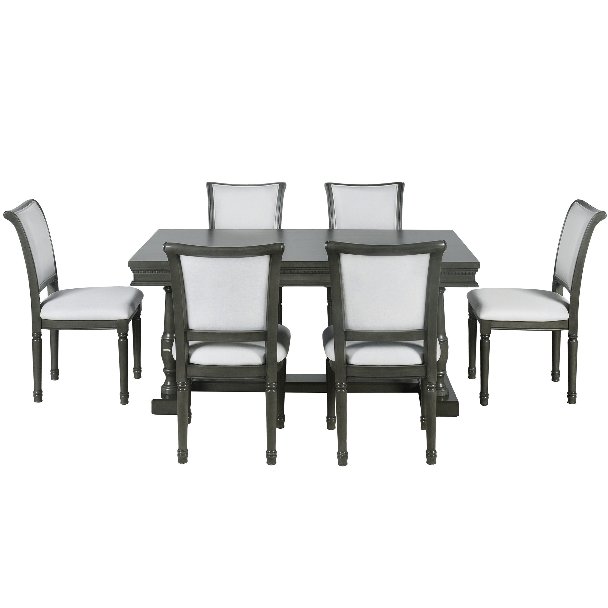 7 Piece Dining Table With 4 Trestle Base And 6 Upholstered Chairs With Slightly Curve And Ergonomic Seat Back Gray Upholstered Chair Wood Gray Seats 6 Wood Dining Room Distressed Finish American Design,Antique Trestle Rectangular Dining Table With Chair