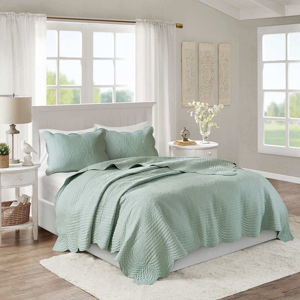 3 Piece Reversible Soped Edge Quilt Set Seafoam Microfiber