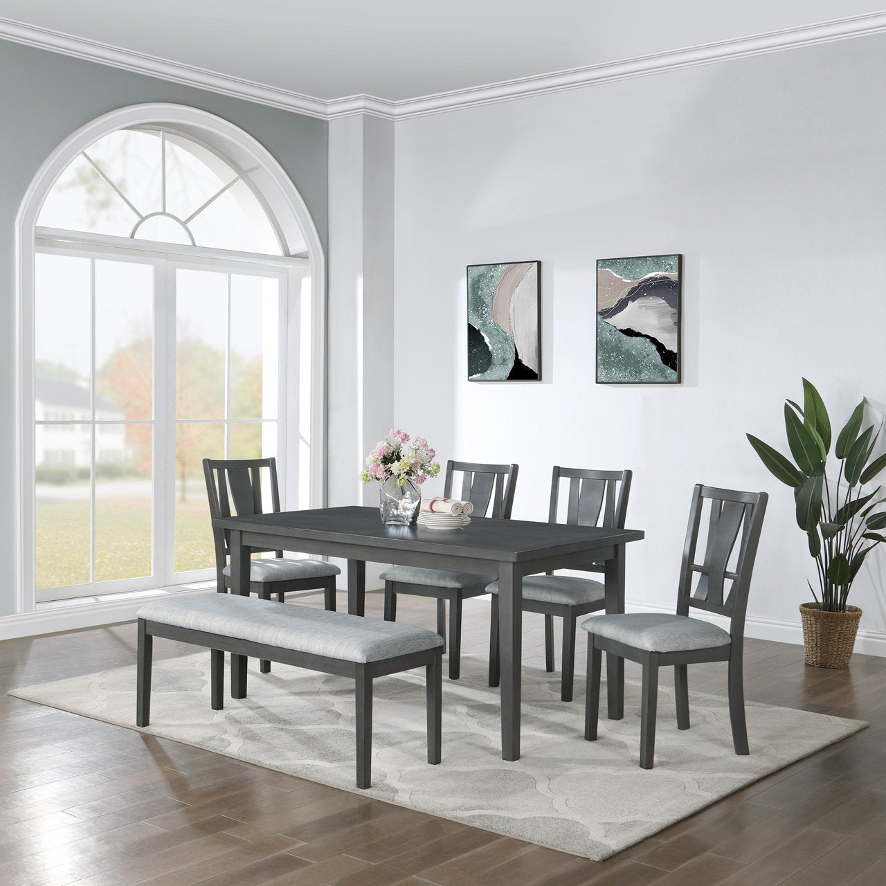 6 Piece Dining Set With Bench, Gray Gray Rubber Wood