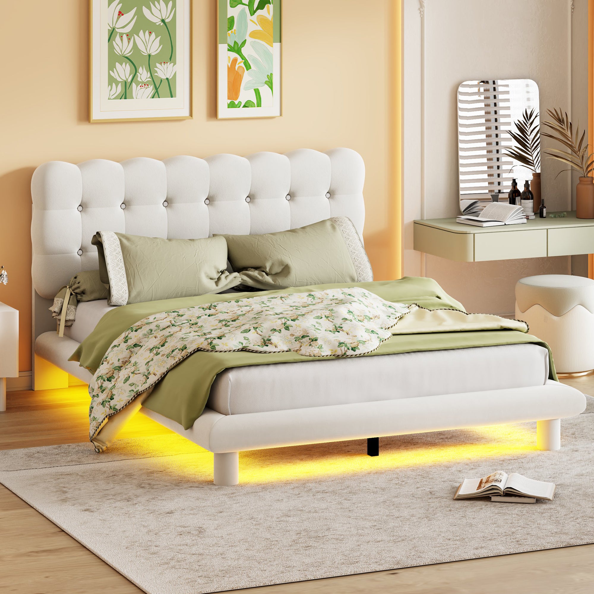 Queen Size Velvet Platform Bed With Led Frame, Thick & Soft Fabric And Button Tufted Design Headboard, Beige Beige Velvet