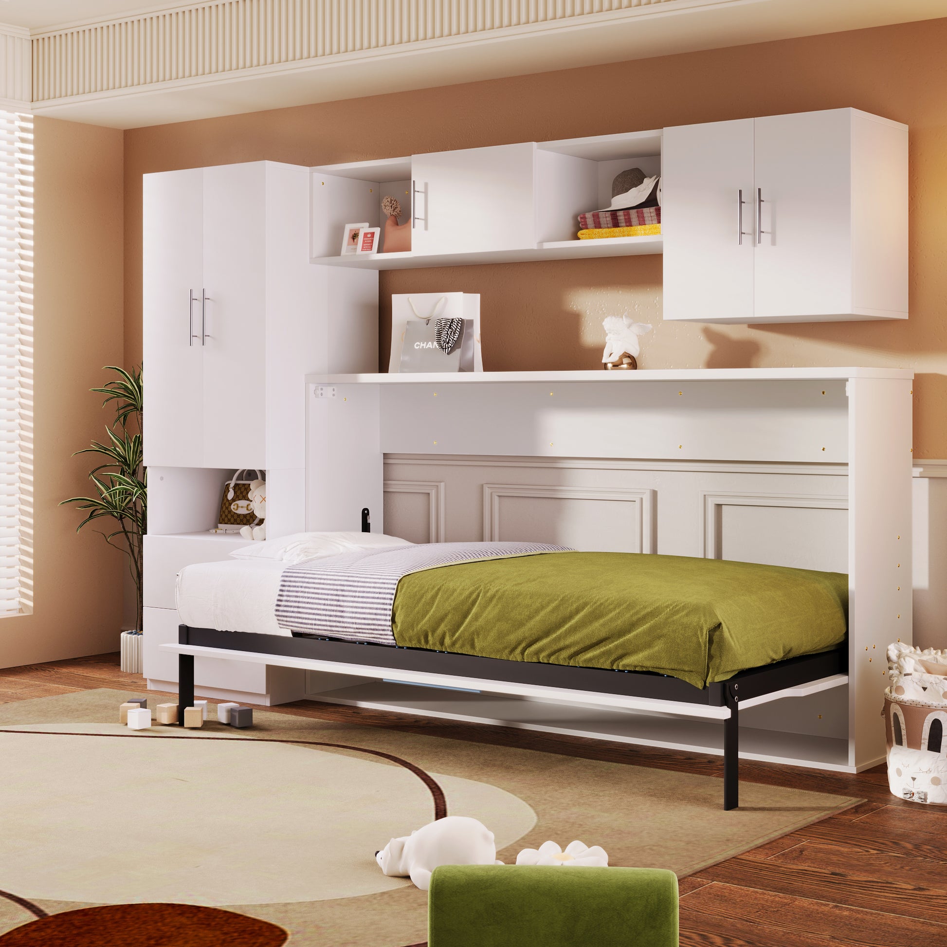 Twin Size Murphy Bed With Open Shelves And Storage Drawers,Built In Wardrobe And Table, White Twin White Solid Wood Mdf