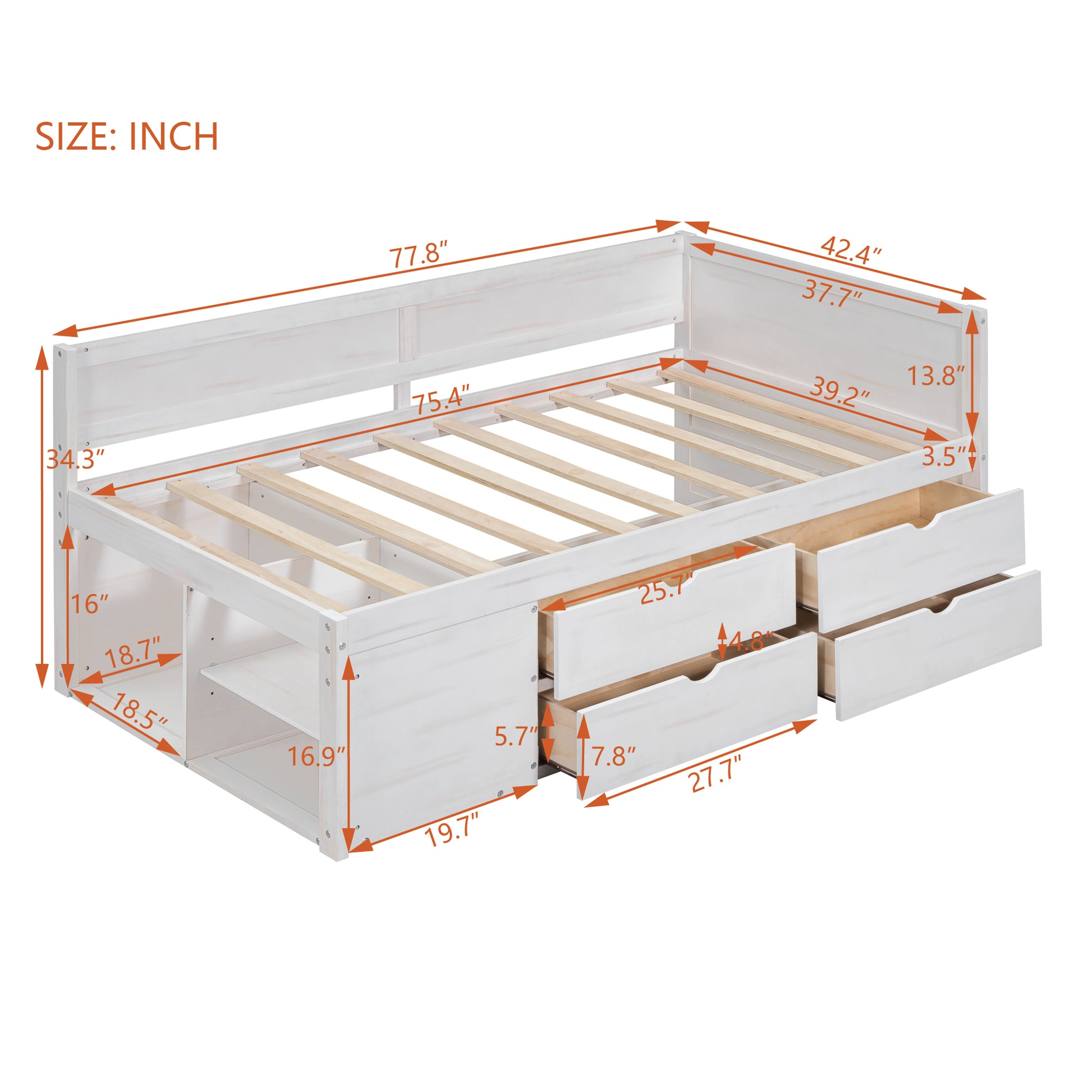 Twin Size Daybed With Drawers And Shelves, White White Solid Wood