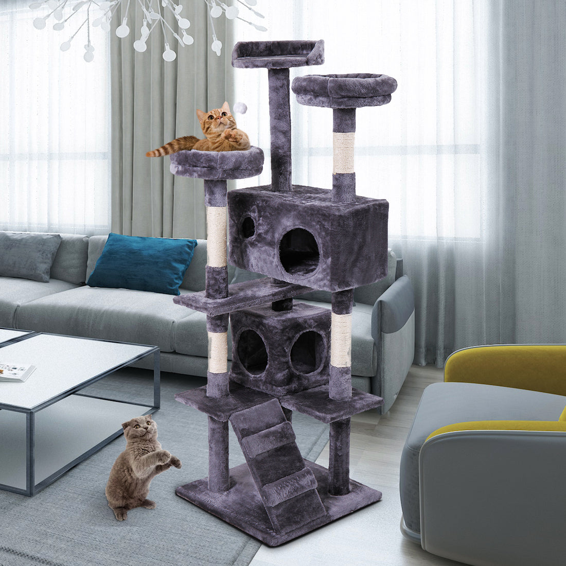 Cat Tree Cat Tower With Scratching Ball, Plush Cushion, Ladder And Condos For Indoor Cats, Gray Gray Wood Fabric