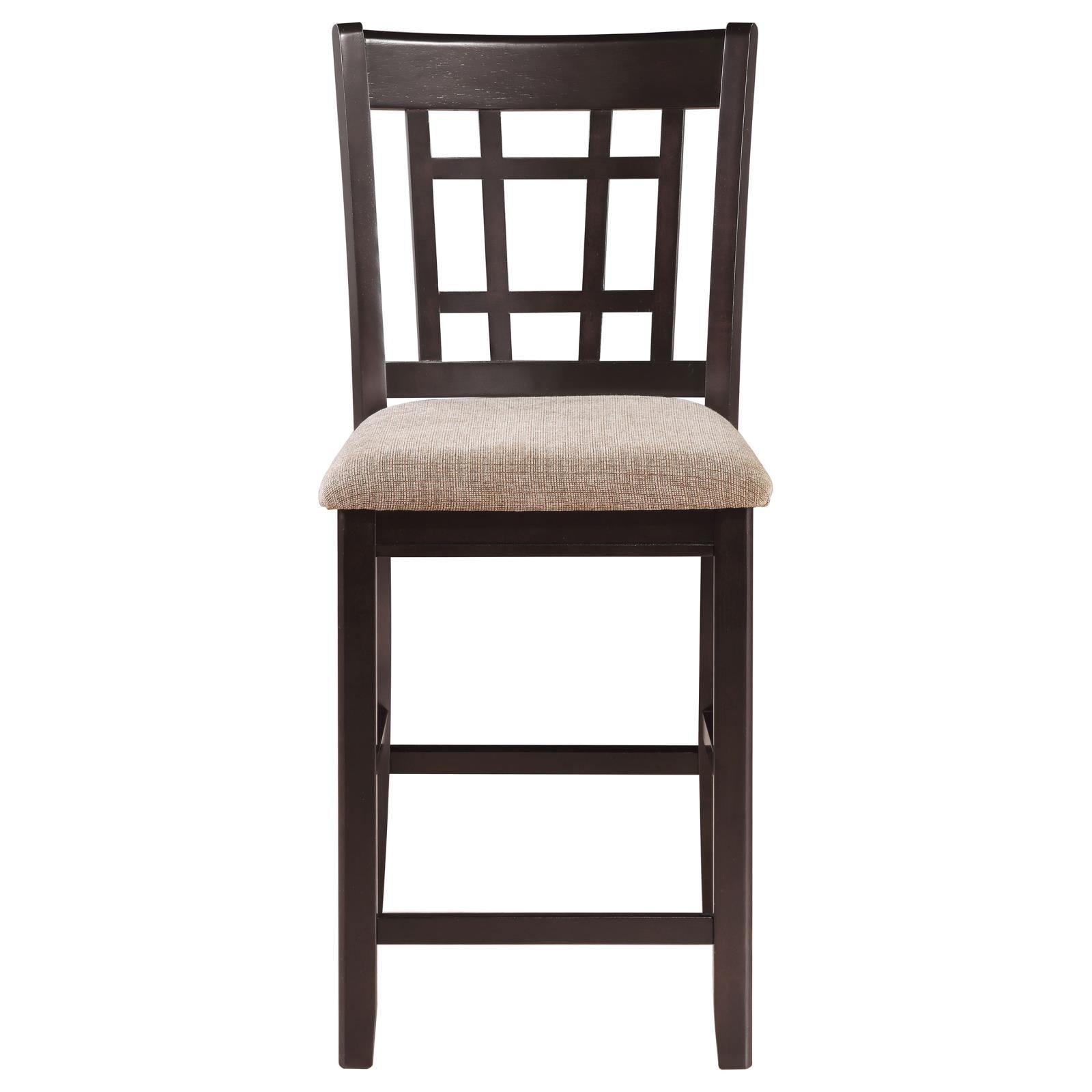 Tan And Espresso Lattice Back Counter Height Stools Set Of 2 Solid Brown Espresso Dining Room Foam Spot Clean Transitional Rubberwood Open Back Foam Faux Leather