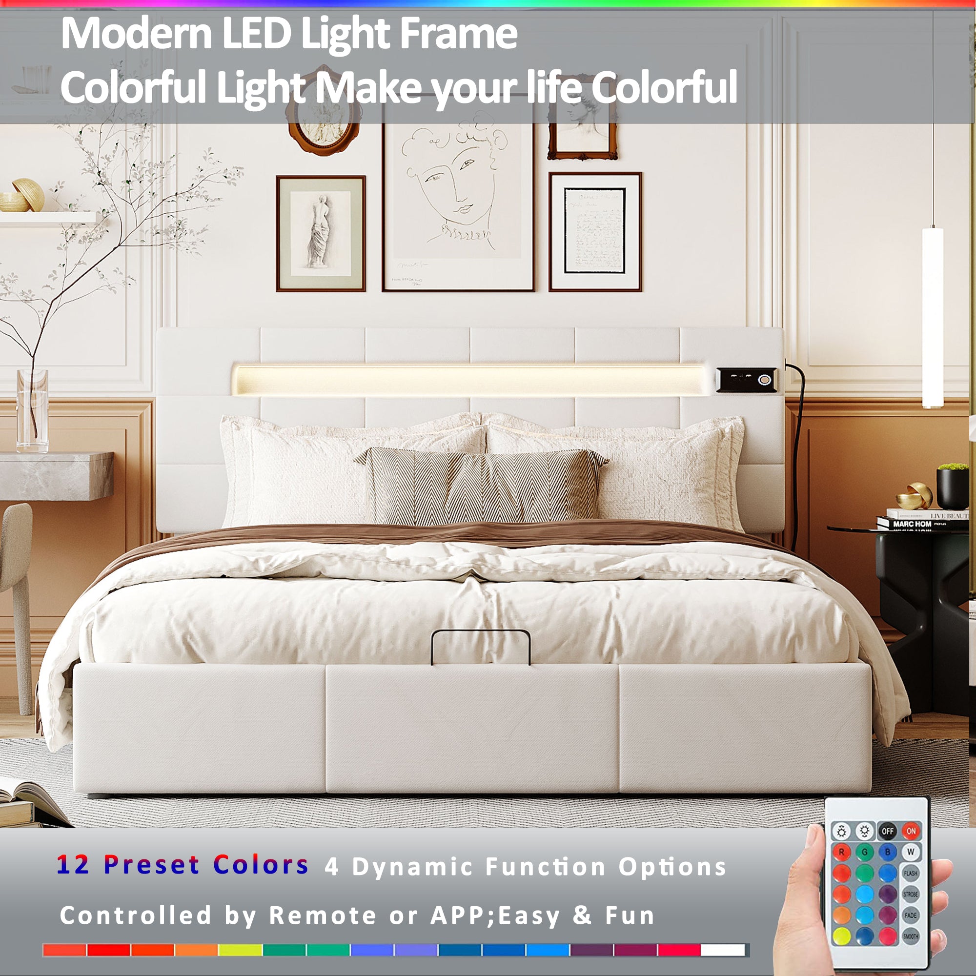 Queen Size Upholstered Bed with LED Light and beige-velvet
