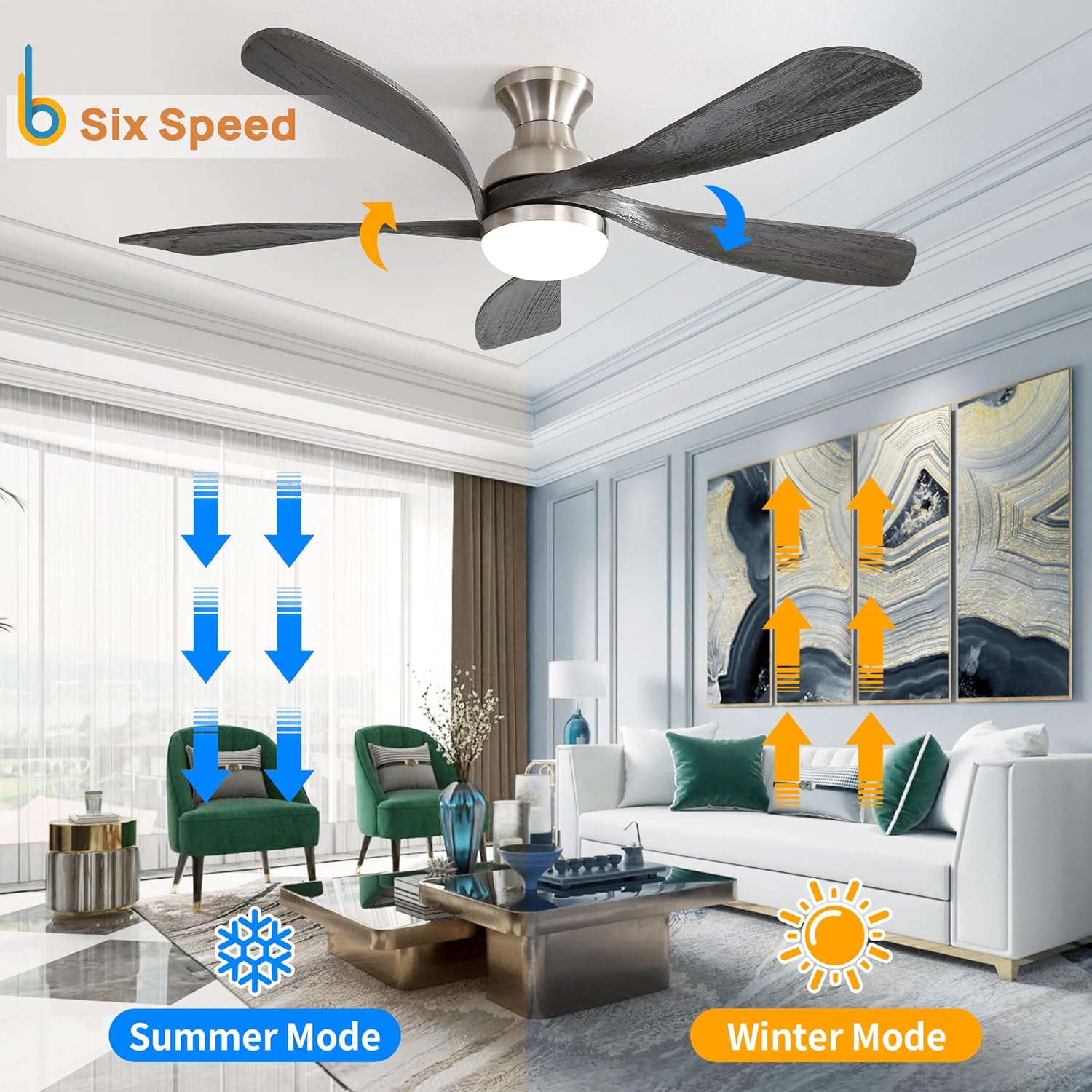 52 Inch Ceiling Fan With Dimmable 3 Colors Led Light Reversible Noiseless Dc Motor Smart App Remote Control Brushed Nickel Metal & Wood