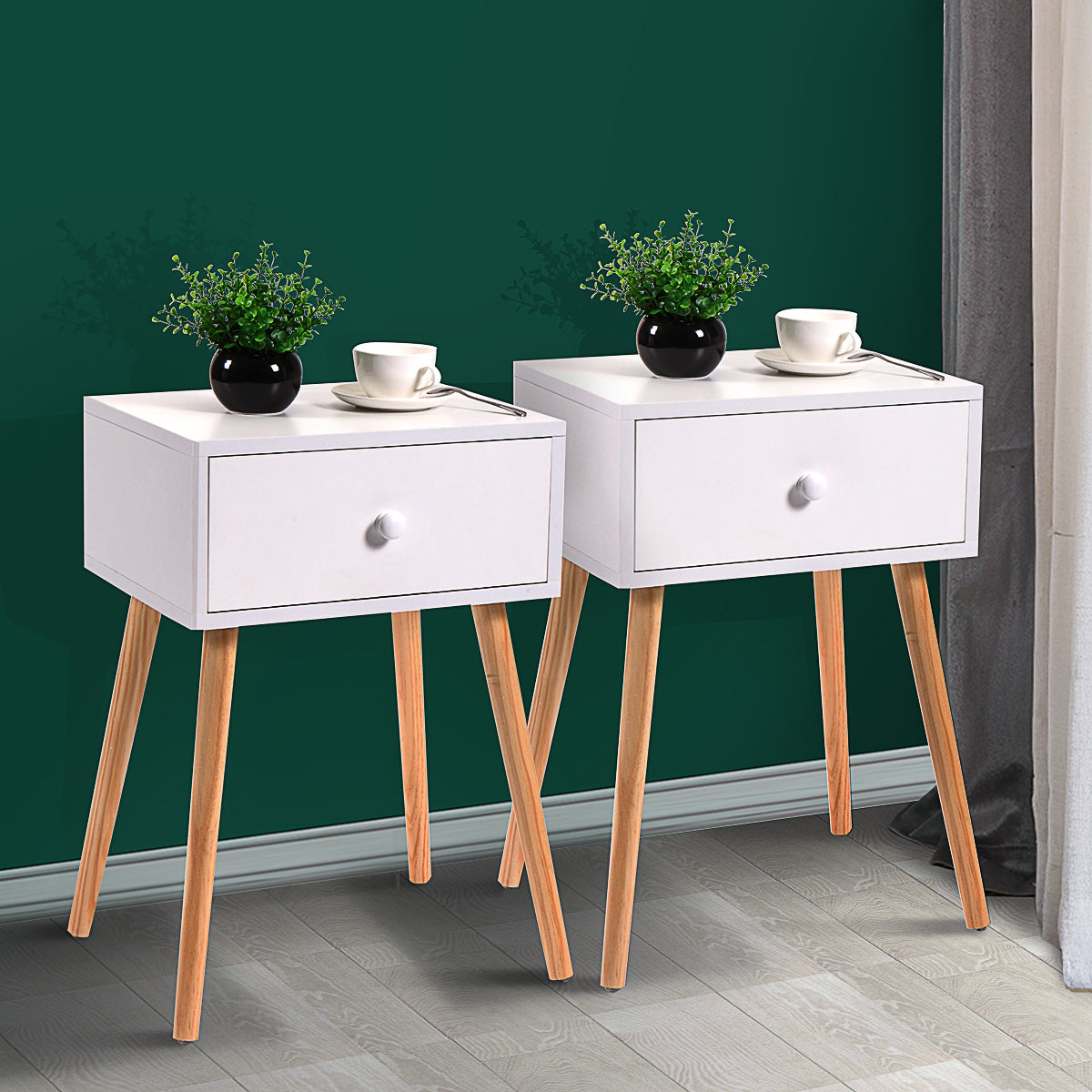 Set Of 2 Wood Nightstand With Storage Drawer And Solid Wood Leg, Modern End Table For Living Room Bedroom Home Furniture, White Brown White Mdf