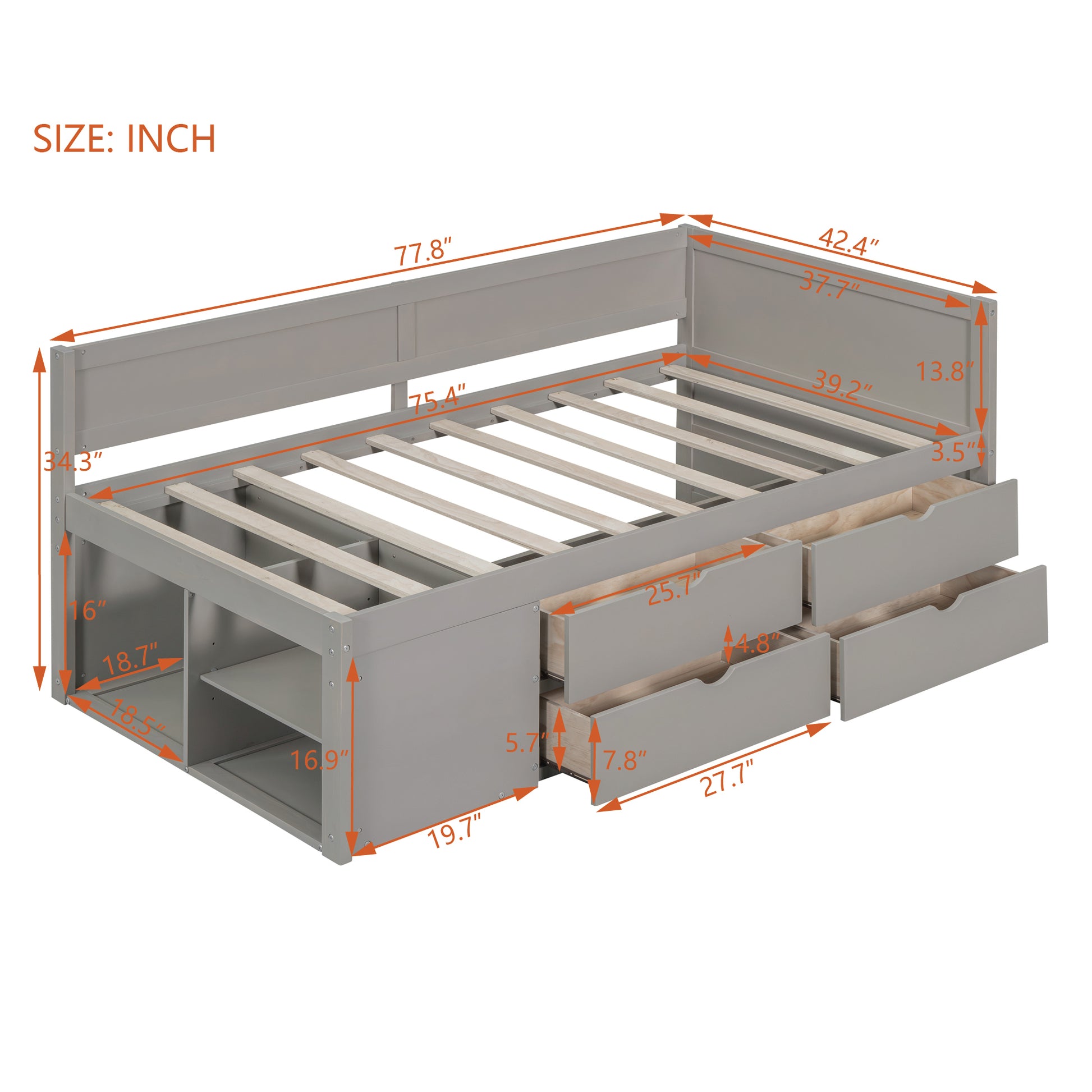 Twin Size Daybed With Drawers And Shelves, Gray Gray Solid Wood