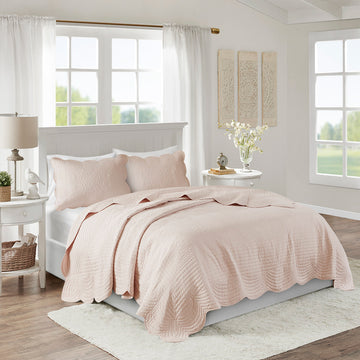 3 Piece Reversible Soped Edge Quilt Set Blush Microfiber