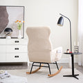 Modern Rocking Chair With High Backrest,Teddy Material Comfort Arm Rocker, Lounge Armchair For Living Room Beige Cotton Metal