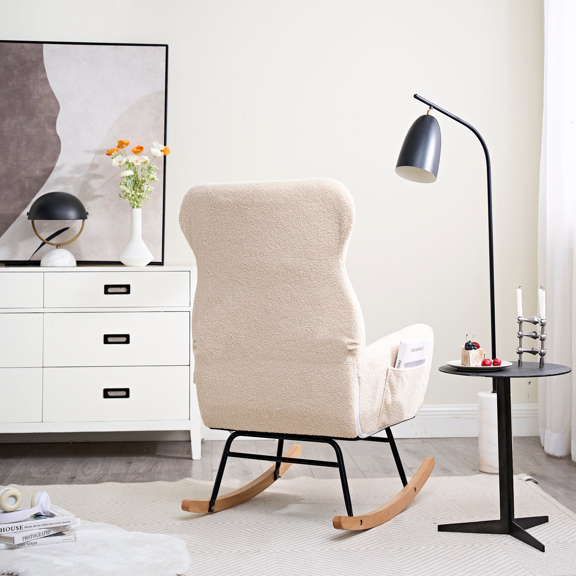 Modern Rocking Chair With High Backrest,Teddy Material Comfort Arm Rocker, Lounge Armchair For Living Room Beige Cotton Metal