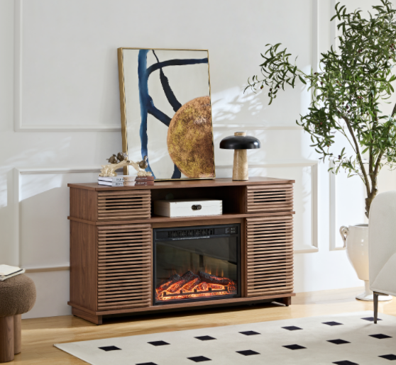 W9990 1The Whole Cabinet Is Made Of Walnut Solid Wood Board, The Middle Layer Board On Both Sides Of The Cabinet Can Be Adjusted, And The Furnace Is Embedded In The Middle Grid With The Remote Control Walnut Metal & Wood