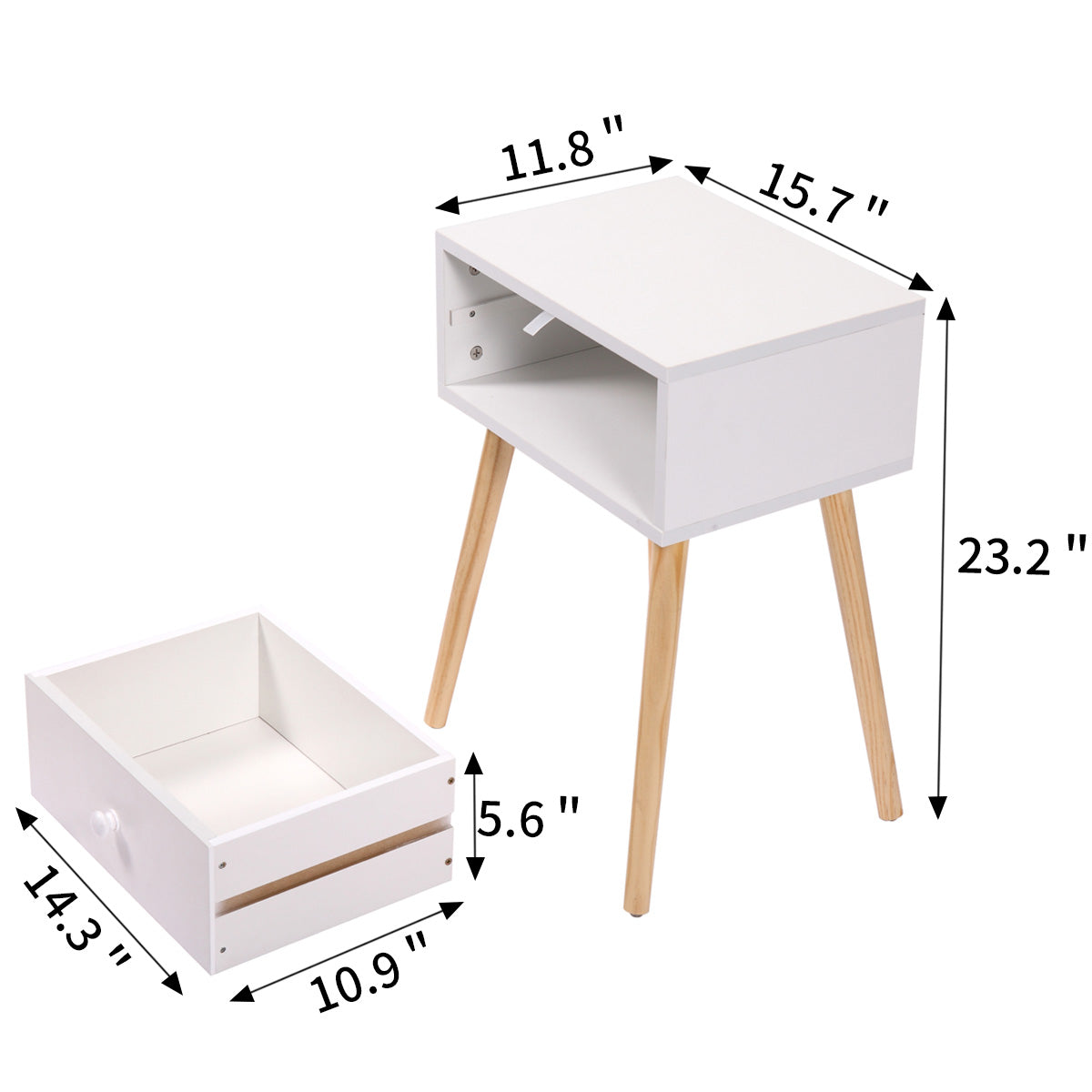 Set Of 2 Wood Nightstand With Storage Drawer And Solid Wood Leg, Modern End Table For Living Room Bedroom Home Furniture, White Brown White Mdf