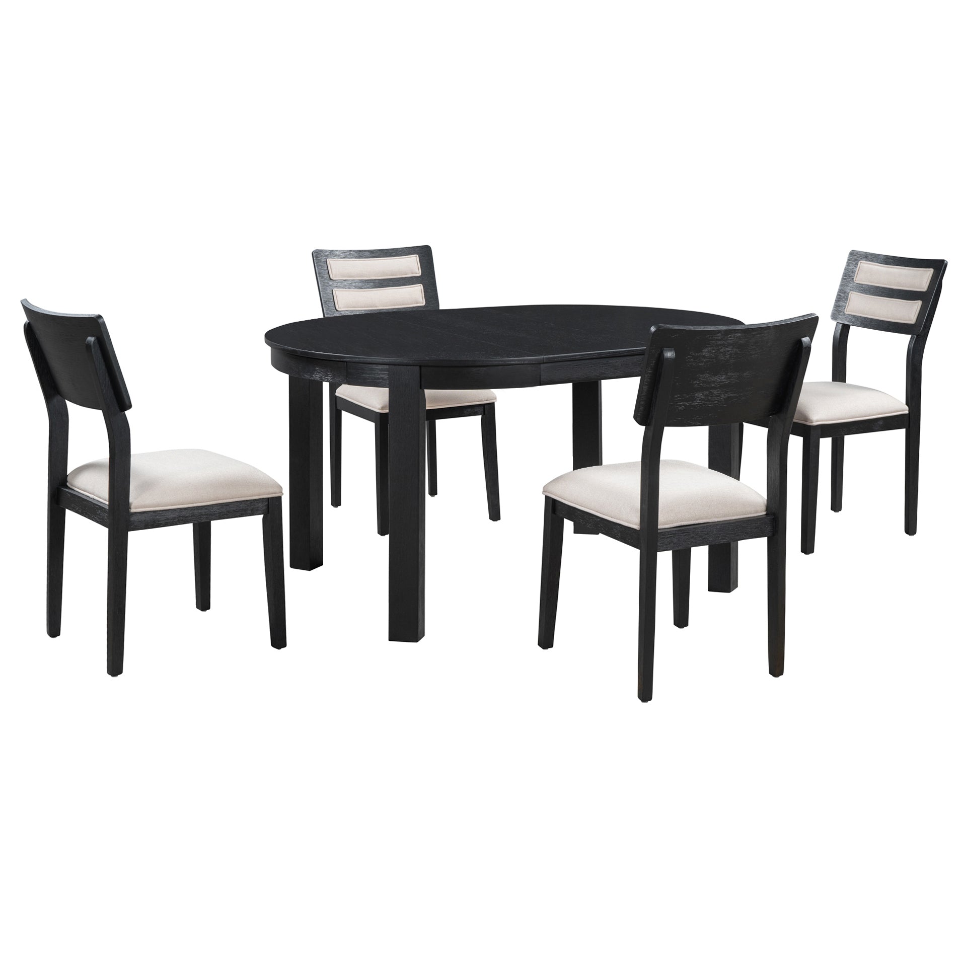 5 Piece Multifunctional Dining Table Set, Farmhouse Dining Set With Extendable Round Table,Two Small Drawers And 4 Upholstered Dining Chairs For Kitchen And Dining Room Black Black Solid Wood