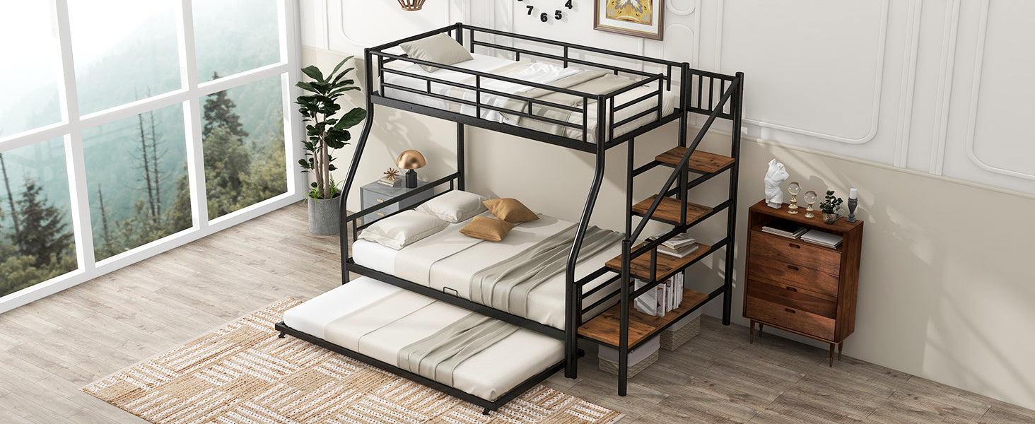 Twin Over Full Size Metal Bunk Bed With Trundle And Storage Staircase, Black Twin Black Metal