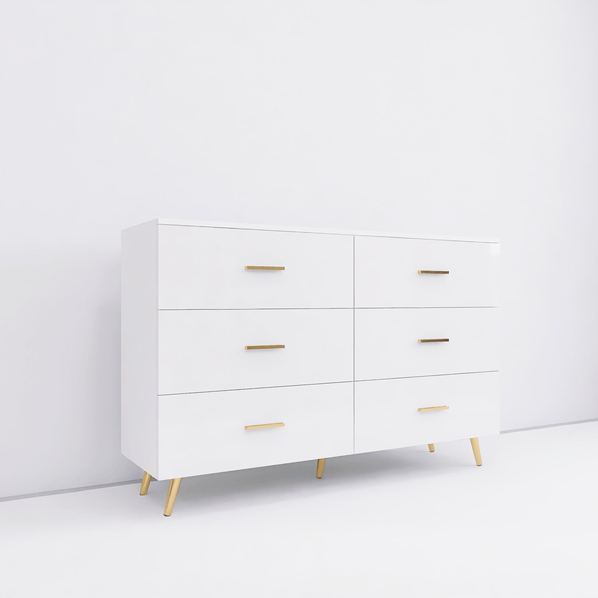 High Glossy Surface 6 Drawers Chest Of Drawer With Golden Handle And Golden Steel Legs White Color Vanity White Bedroom Modern Engineered Wood