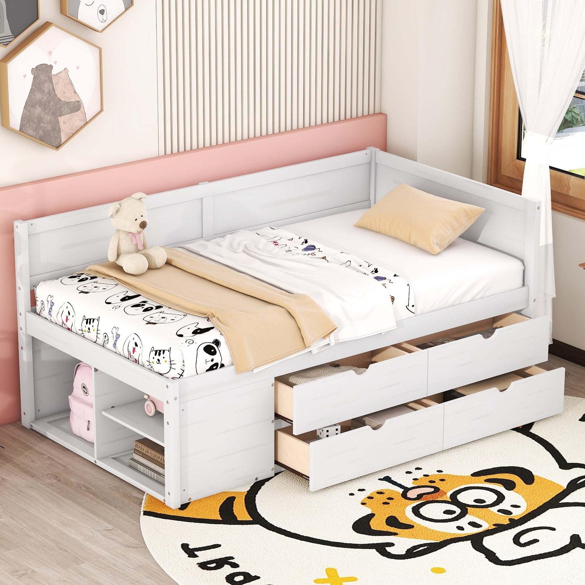 Twin Size Daybed With Drawers And Shelves, White White Solid Wood