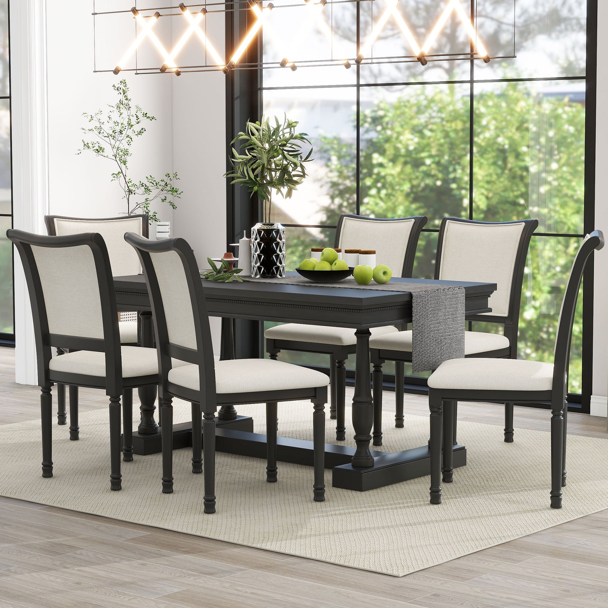 7 Piece Dining Table With 4 Trestle Base And 6 Upholstered Chairs With Slightly Curve And Ergonomic Seat Back Black Upholstered Chair Wood Black Seats 6 Wood Dining Room American Design,Antique Trestle Rectangular Dining Table With Chair Solid Wood Mdf