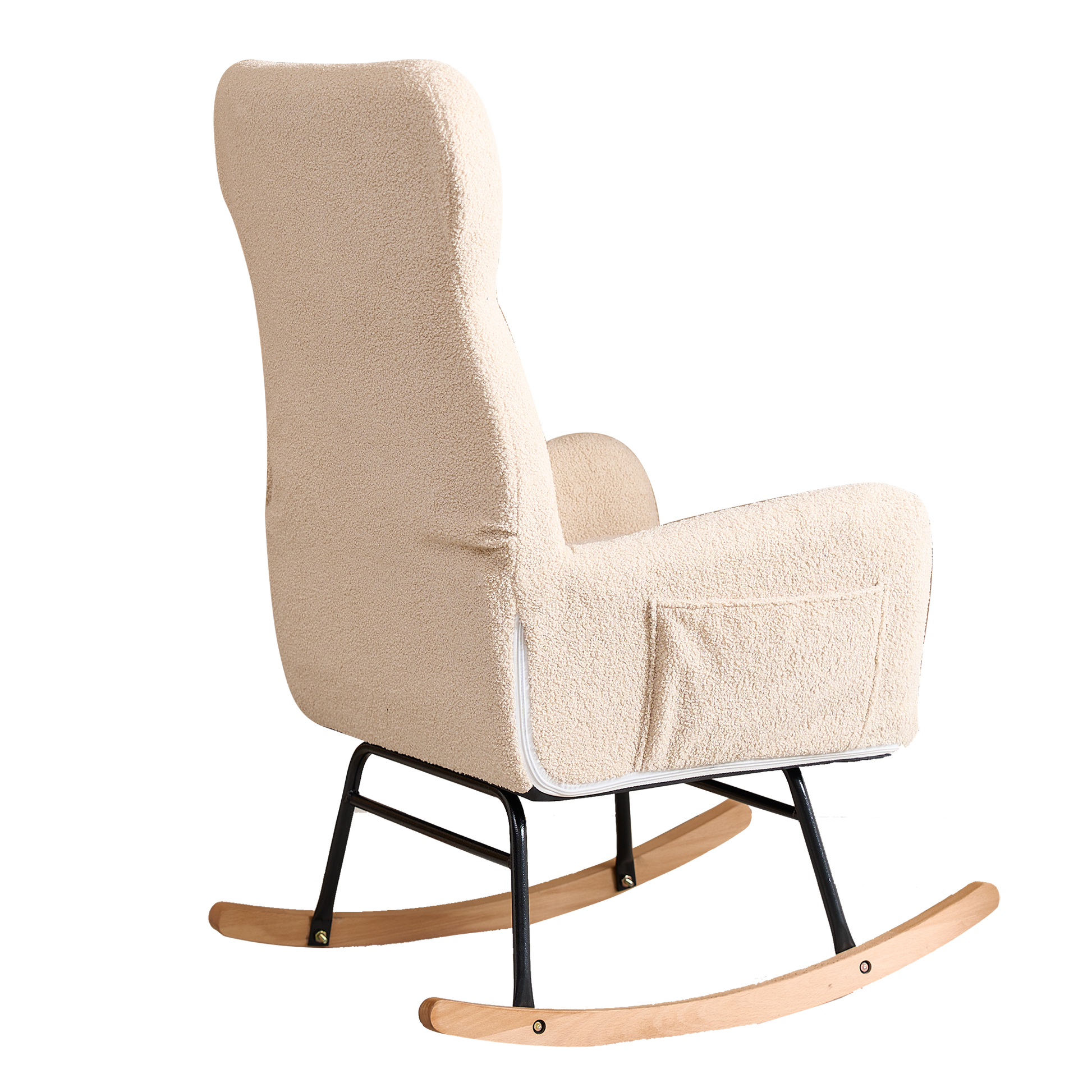 Modern Rocking Chair With High Backrest,Teddy Material Comfort Arm Rocker, Lounge Armchair For Living Room Beige Cotton Metal