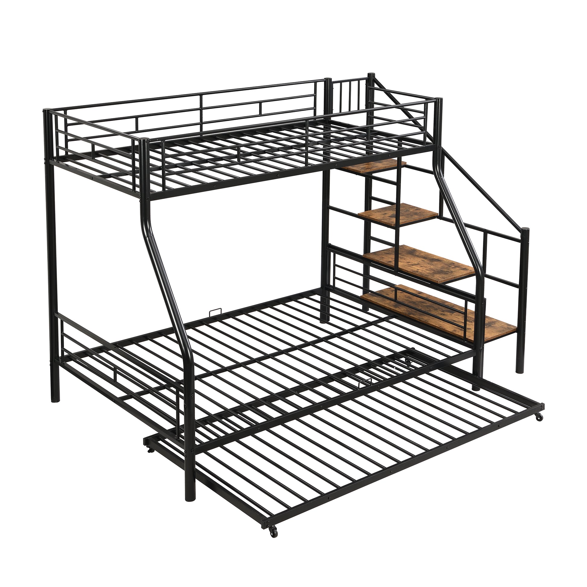 Twin Over Full Size Metal Bunk Bed With Trundle And Storage Staircase, Black Twin Black Metal