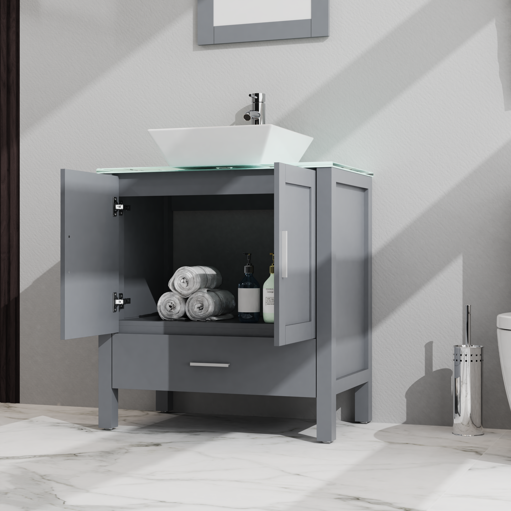 Goodyo 30" Bathroom Vanity And Sink Combo Glass Top Cabinet W Mirror, Gray 1 Gray 2 24 To 35 In 24 To 31 In Mirror Included Bathroom Freestanding American Design 15 20 Inches Mdf Mdf Glass