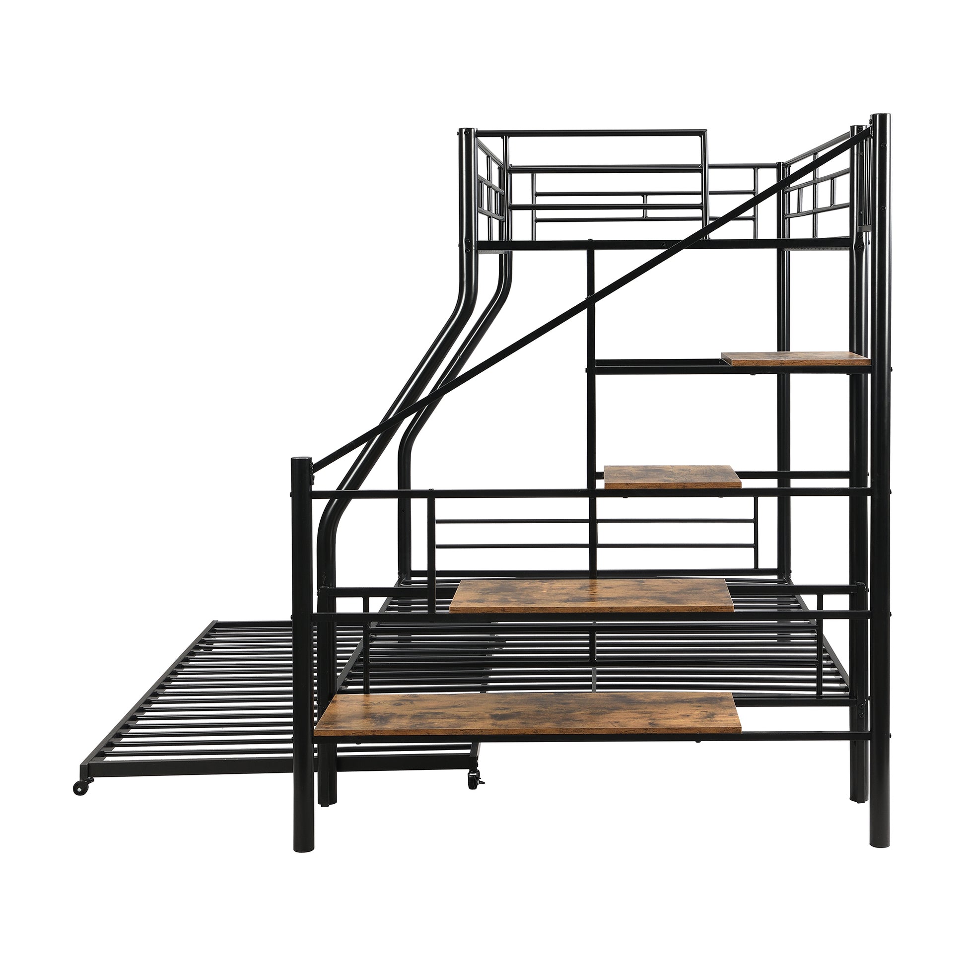 Twin Over Full Size Metal Bunk Bed With Trundle And Storage Staircase, Black Twin Black Metal