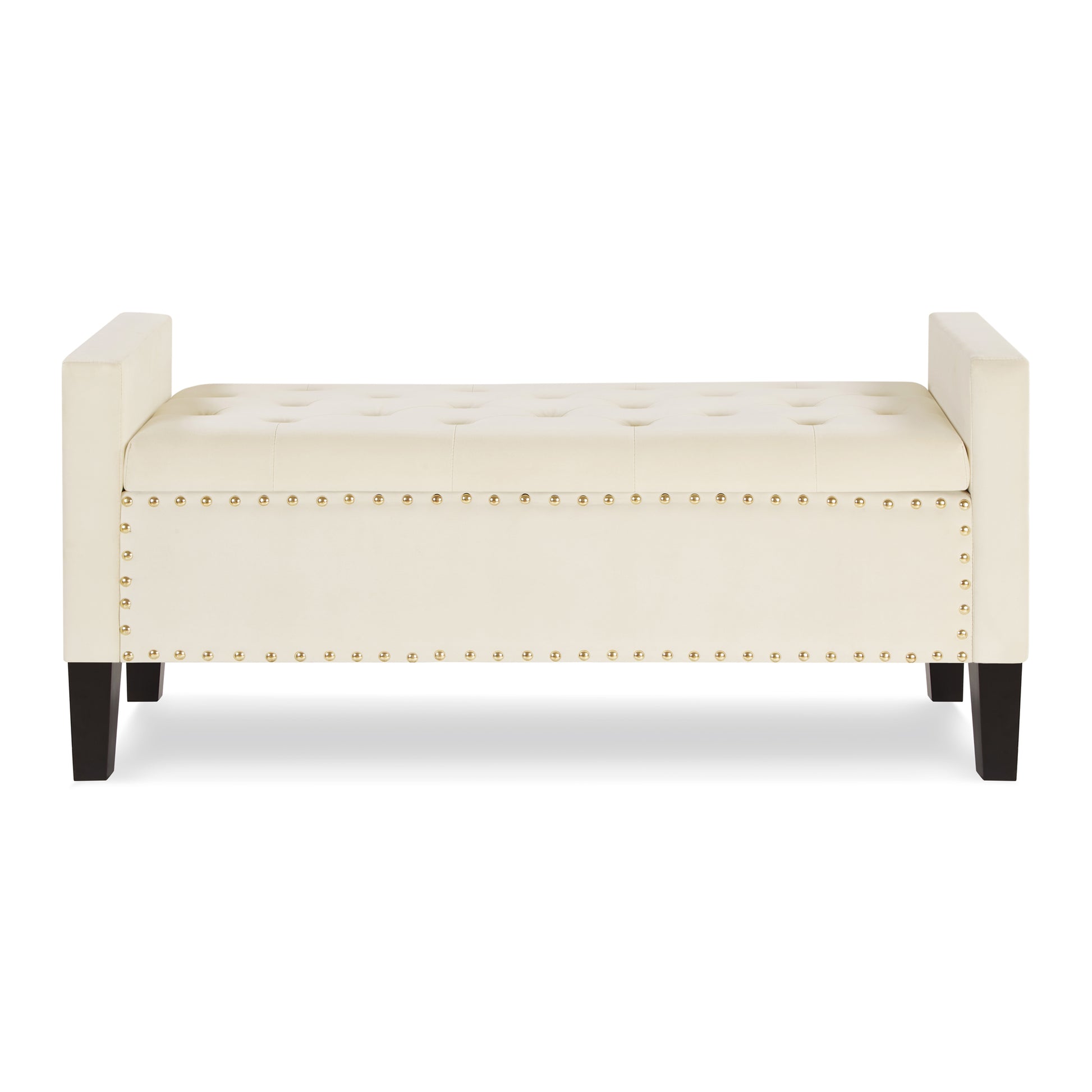 Upholstered Tufted Button Storage Bench With Nails Trim,Entryway Living Room Soft Padded Seat With Armrest,Bed Bench Cream Armrest Cream Espresso Primary Living Space Velvet American Design Rubberwood Wood Internal Storage Foam Velvet