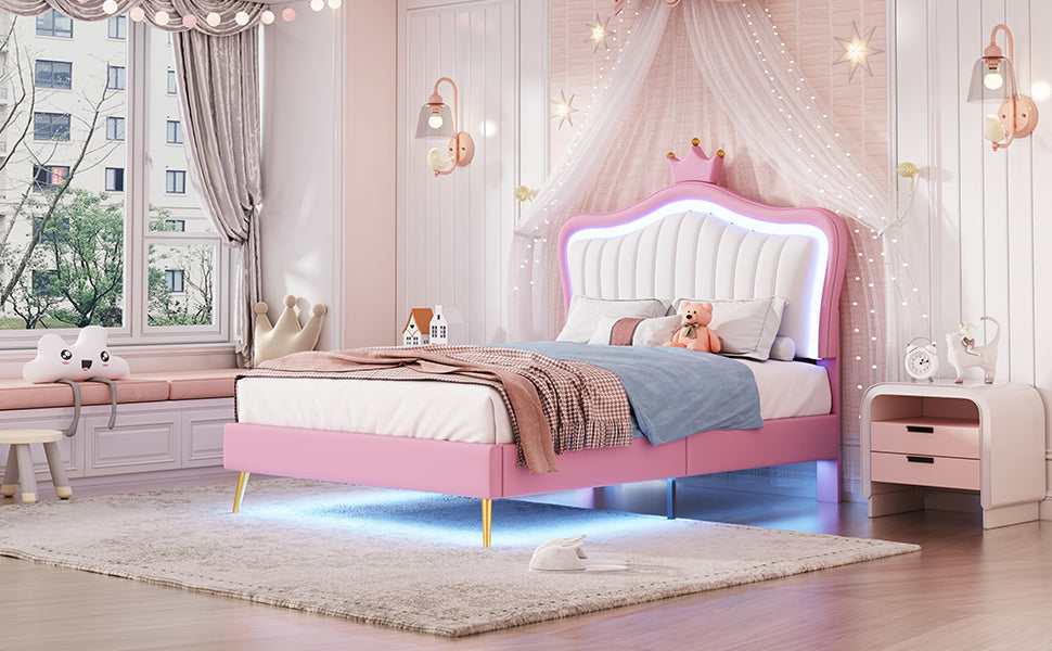 Twin Size Upholstered Bed Frame With Led Lights, Modern Upholstered Princess Bed With Crown Headboard,White Pink Twin White Pink Pu