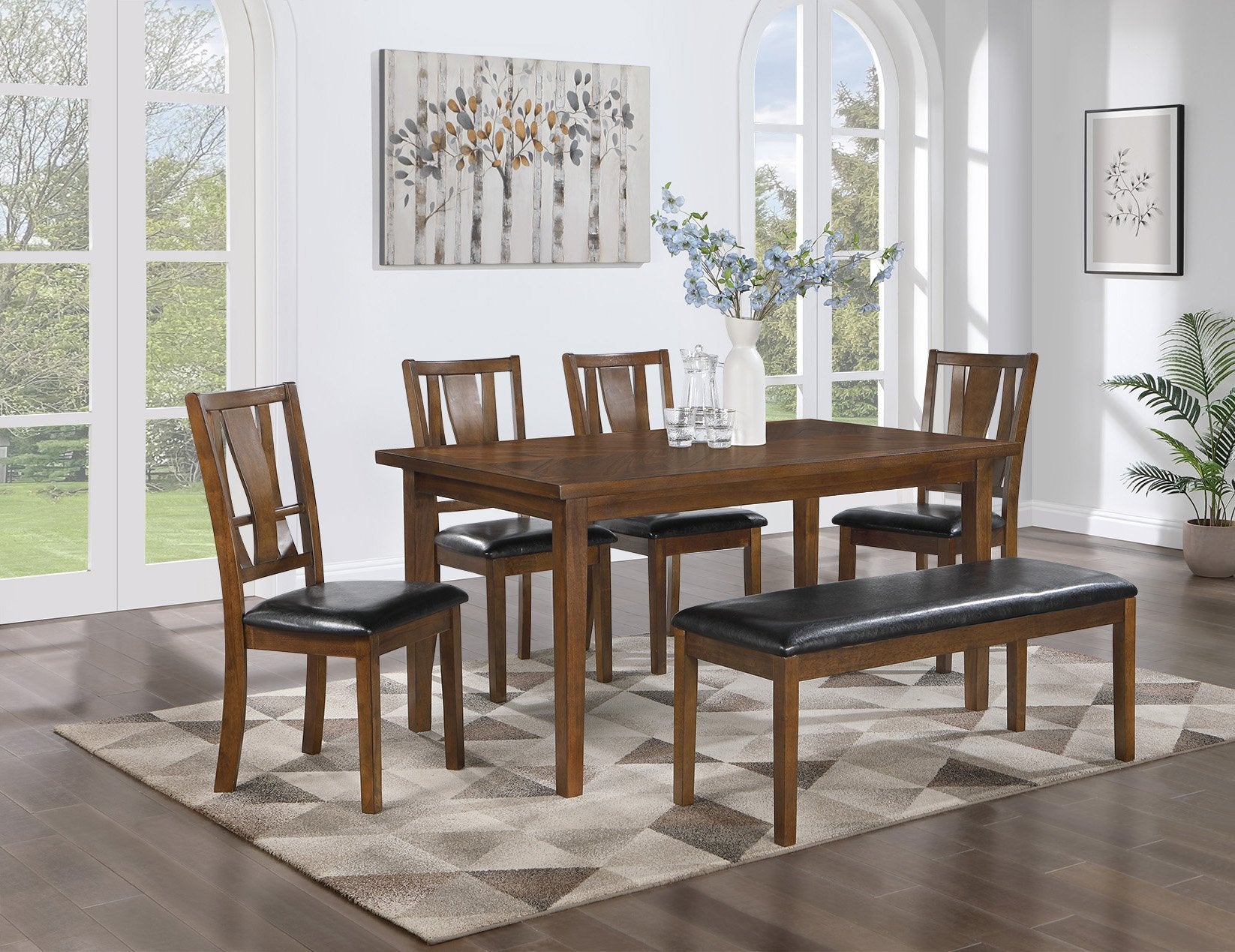 6 Piece Dining Set with Bench, Brown Cherry