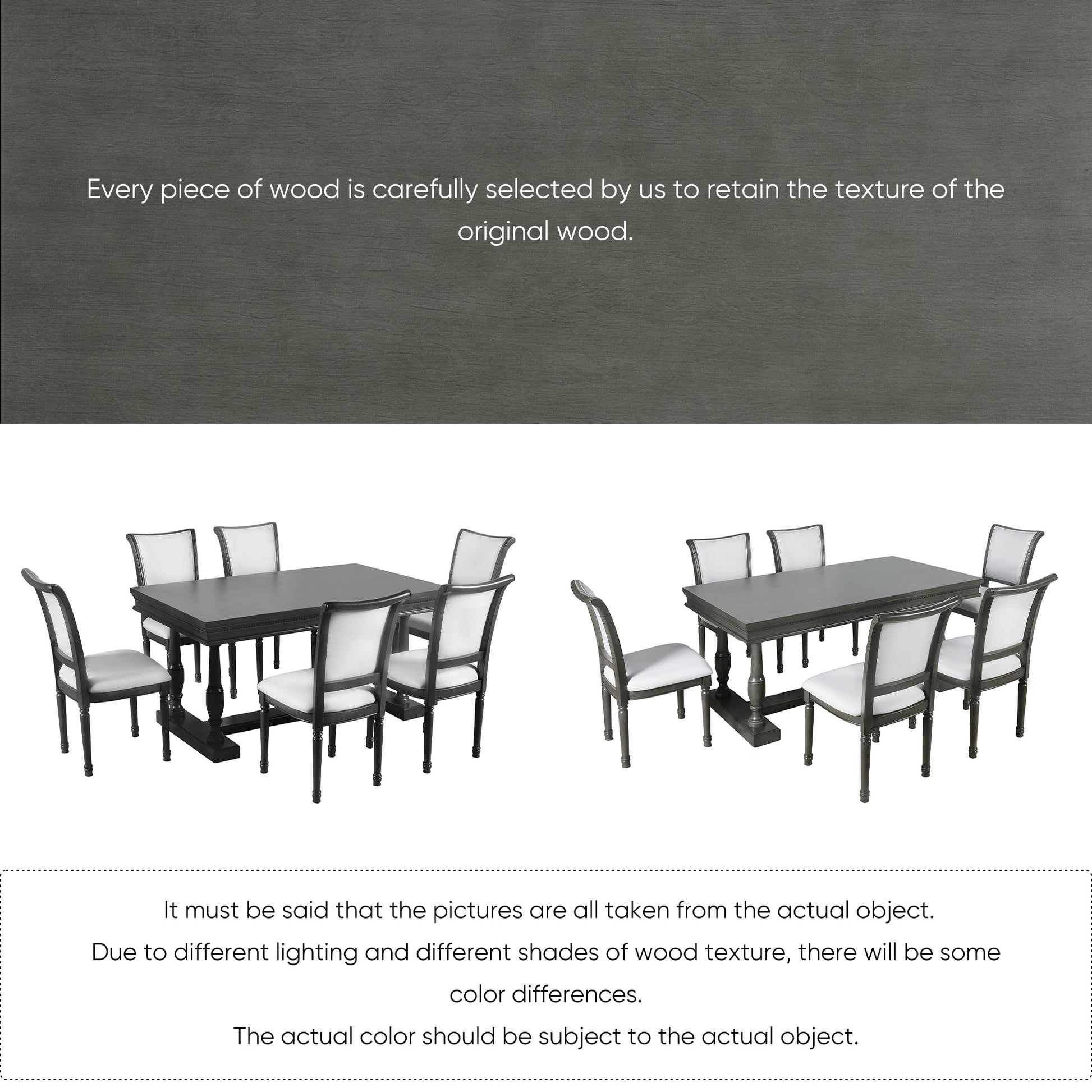 7 Piece Dining Table With 4 Trestle Base And 6 Upholstered Chairs With Slightly Curve And Ergonomic Seat Back Gray Upholstered Chair Wood Gray Seats 6 Wood Dining Room Distressed Finish American Design,Antique Trestle Rectangular Dining Table With Chair