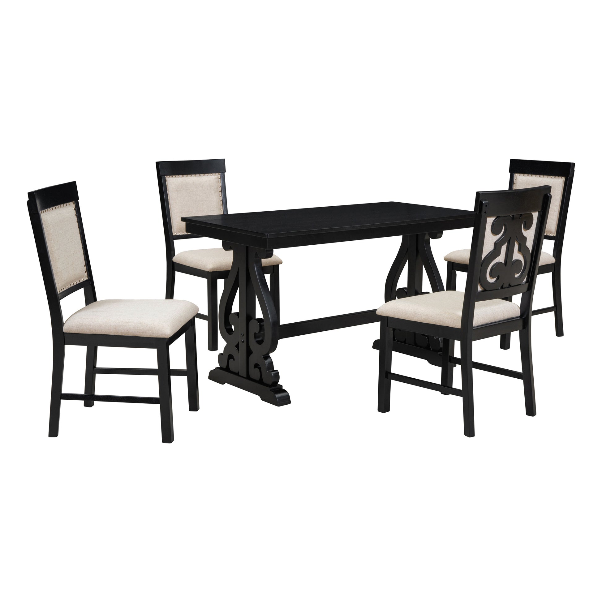 5 Piece Retro Dining Set, Rectangular Wooden Dining Table And 4 Upholstered Chairs For Dining Room And Kitchen Black Black Solid Wood Mdf