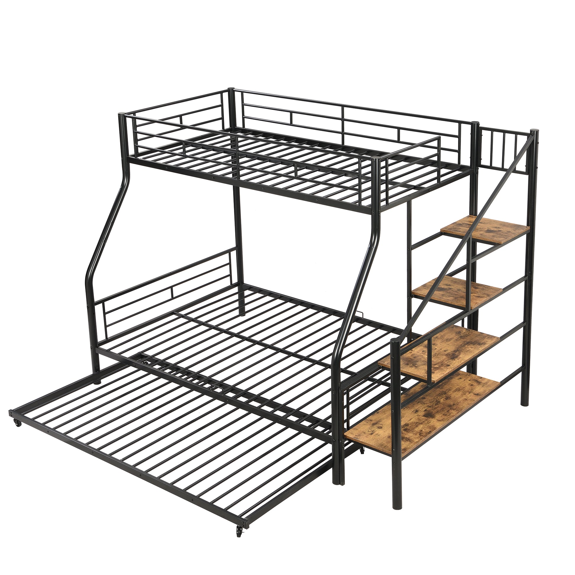 Twin Over Full Size Metal Bunk Bed With Trundle And Storage Staircase, Black Twin Black Metal