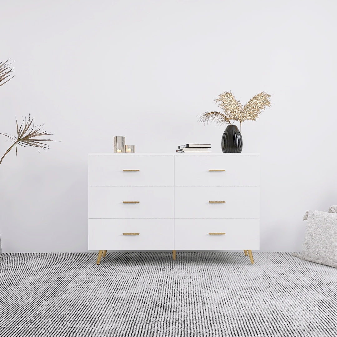 High Glossy Surface 6 Drawers Chest Of Drawer With Golden Handle And Golden Steel Legs White Color Vanity White Bedroom Modern Engineered Wood