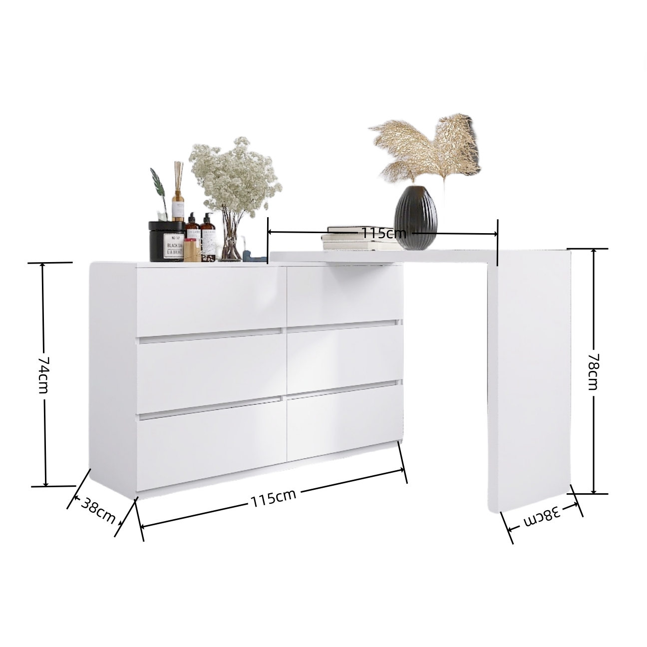 Extended Desktop 6 Drawers Chest Of Drawer Without Handle White Color Vanity White White Bedroom Modern Melamine Engineered Wood