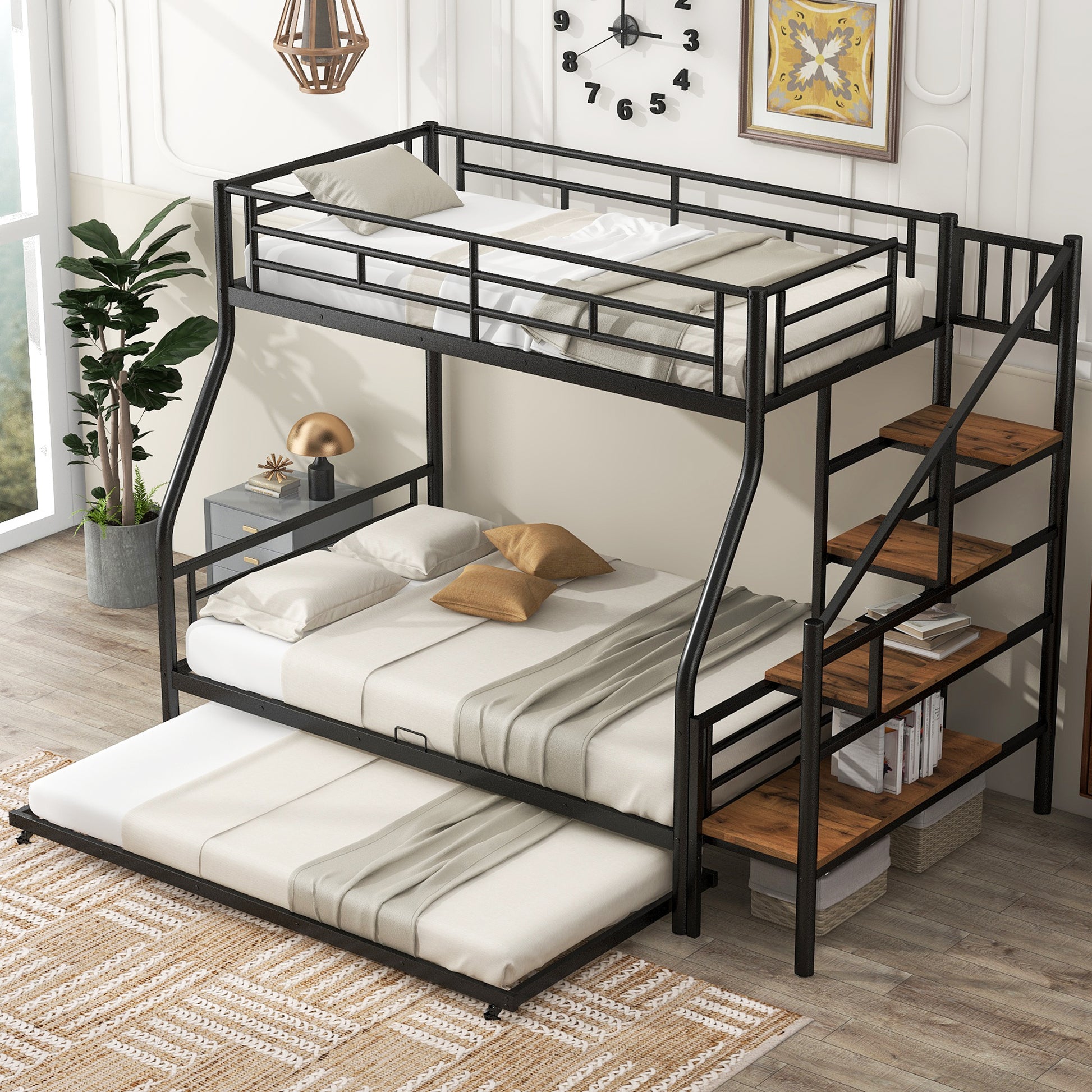 Twin Over Full Size Metal Bunk Bed With Trundle And Storage Staircase, Black Twin Black Metal