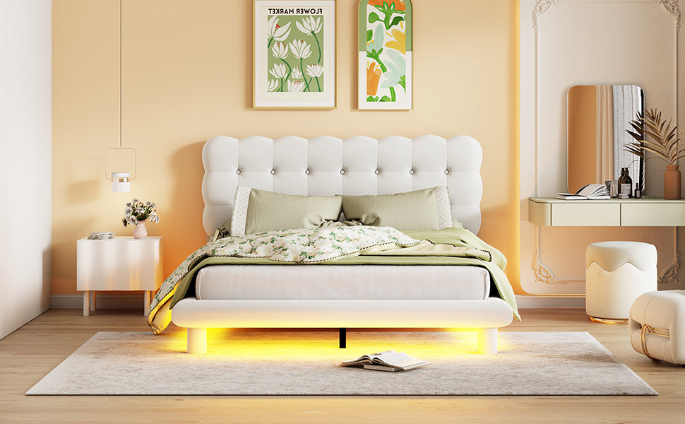 Queen Size Velvet Platform Bed With Led Frame, Thick & Soft Fabric And Button Tufted Design Headboard, Beige Beige Velvet