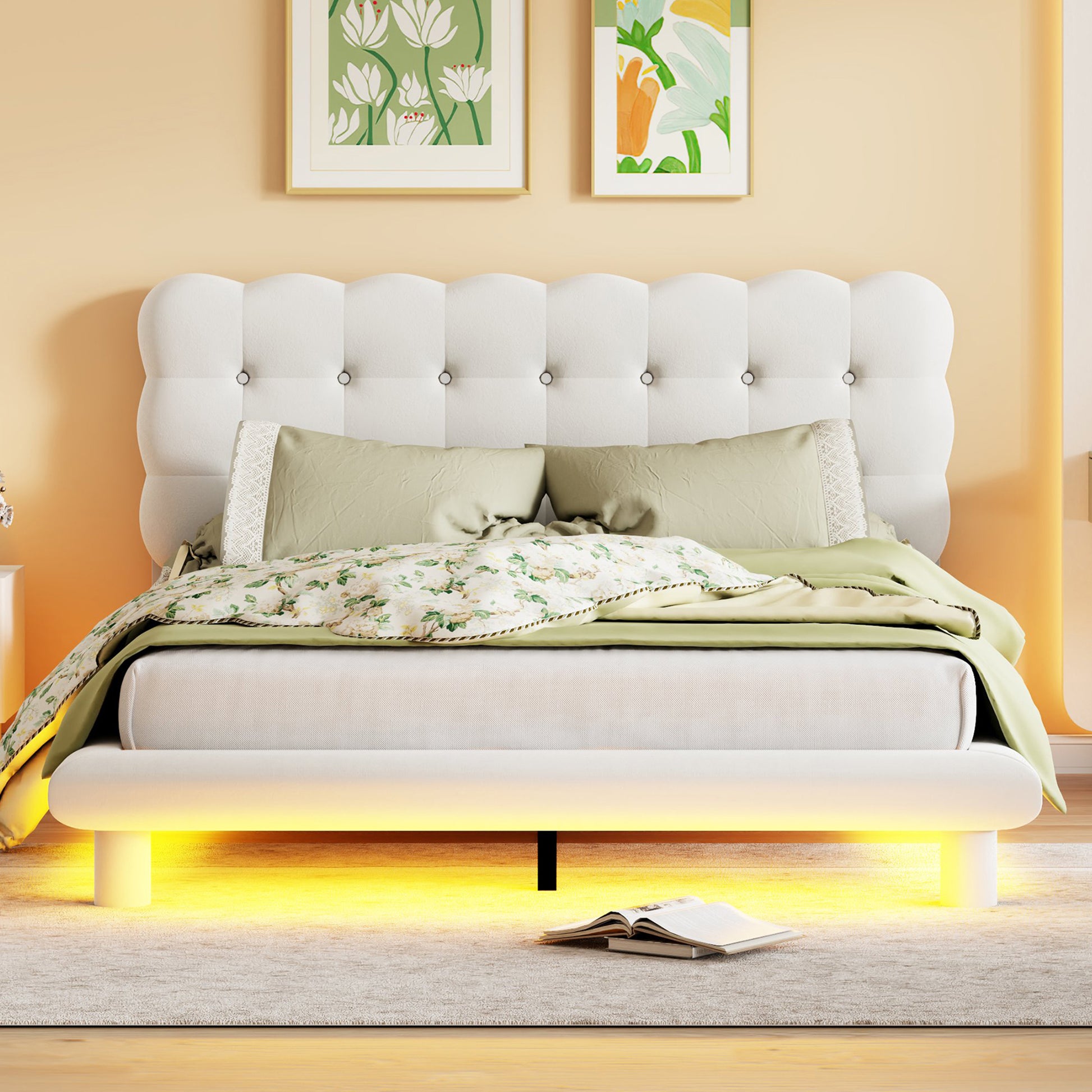 Queen Size Velvet Platform Bed With Led Frame, Thick & Soft Fabric And Button Tufted Design Headboard, Beige Beige Velvet