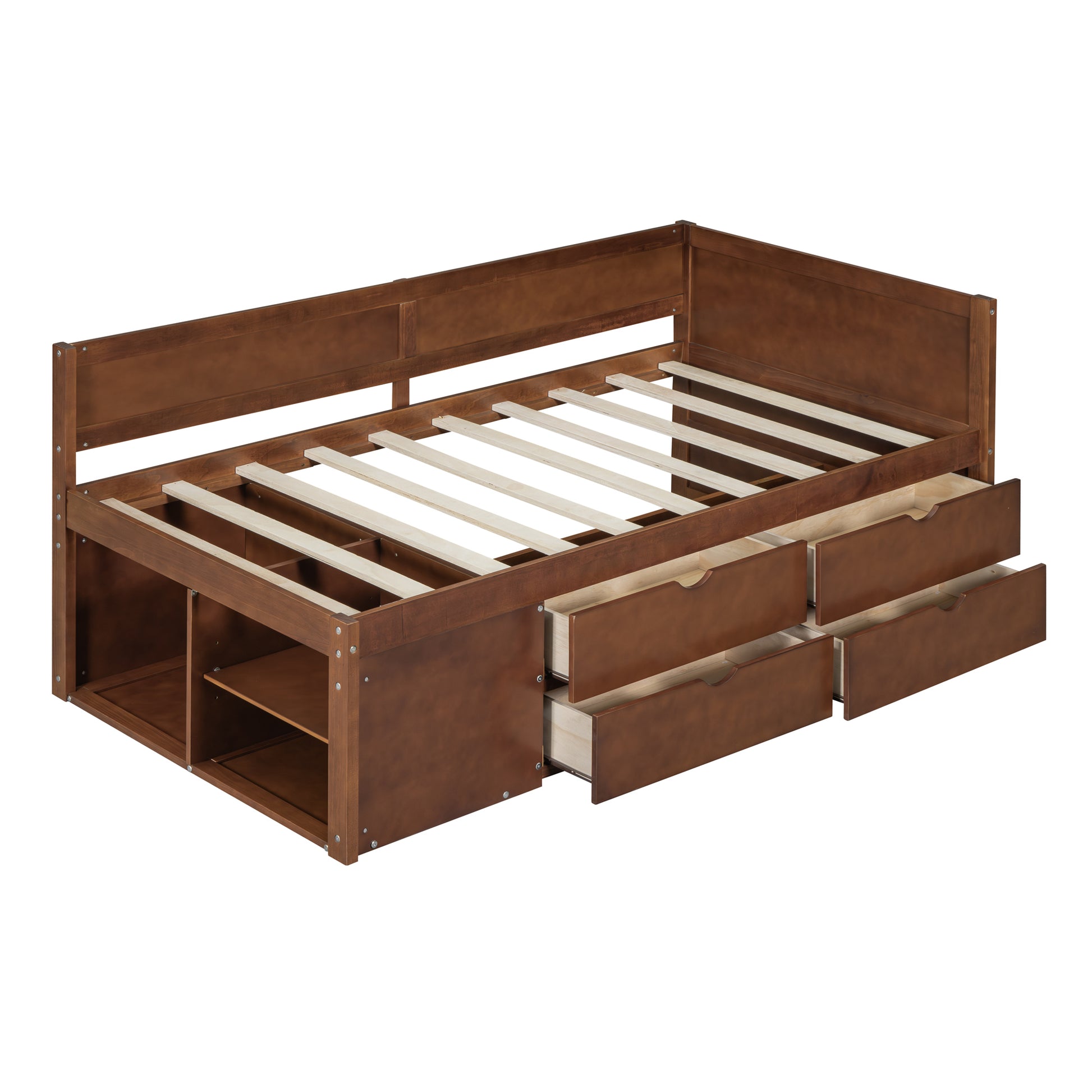 Twin Size Daybed With Drawers And Shelves, Walnut Walnut Solid Wood