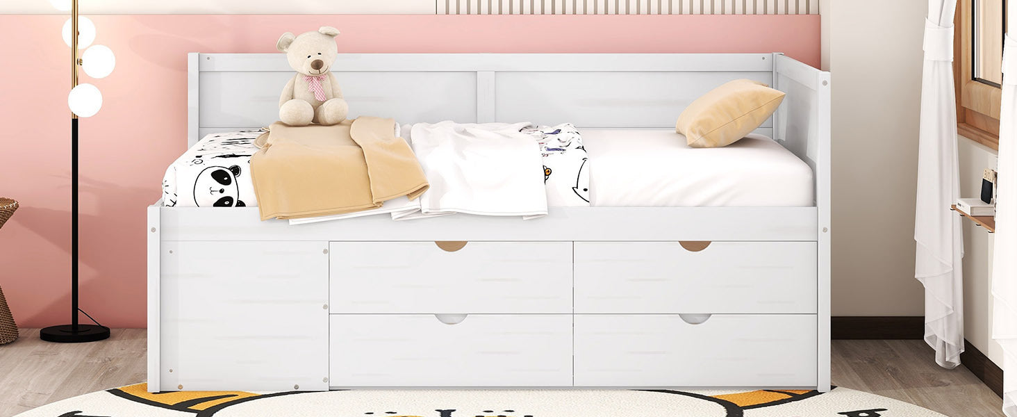 Twin Size Daybed With Drawers And Shelves, White White Solid Wood