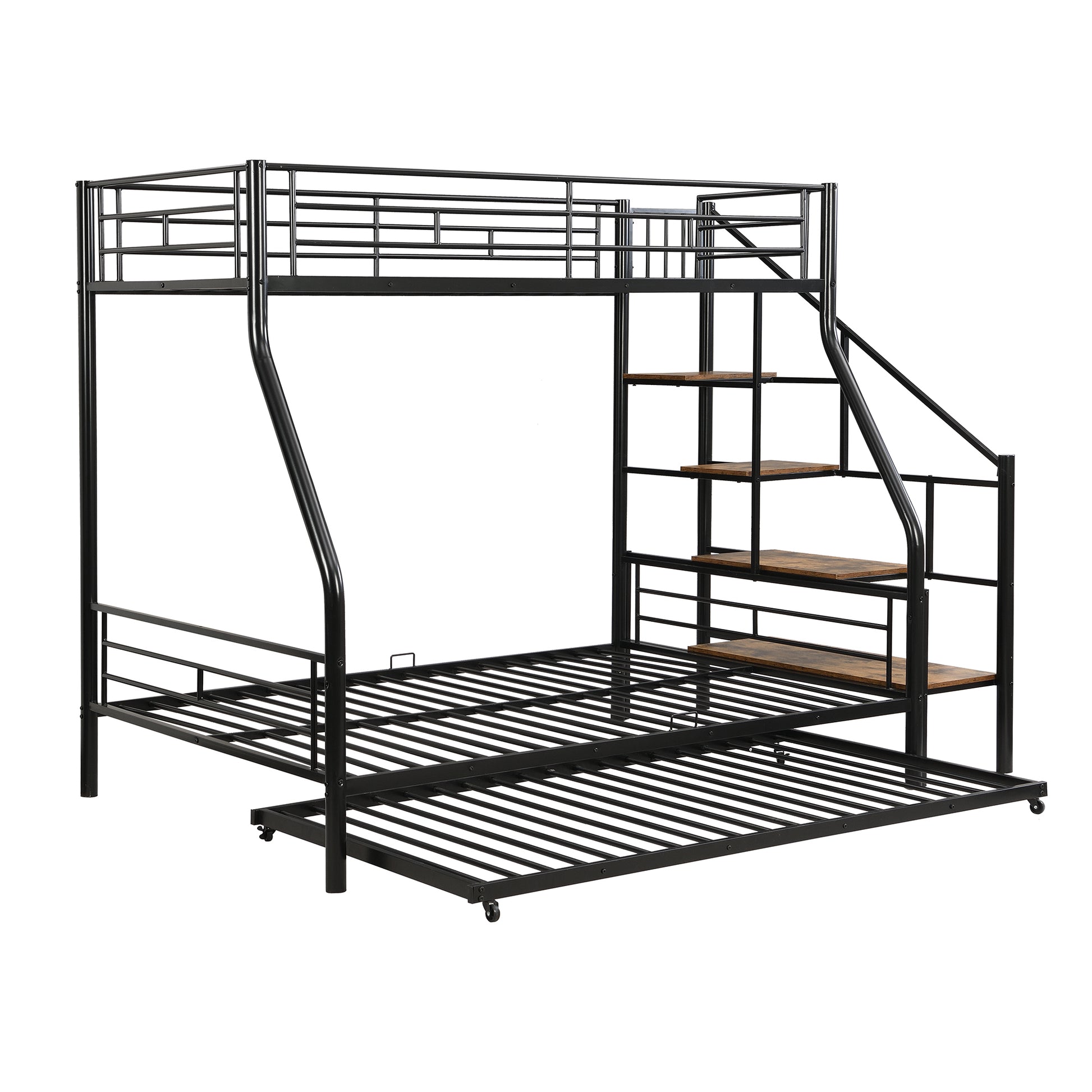 Twin Over Full Size Metal Bunk Bed With Trundle And Storage Staircase, Black Twin Black Metal