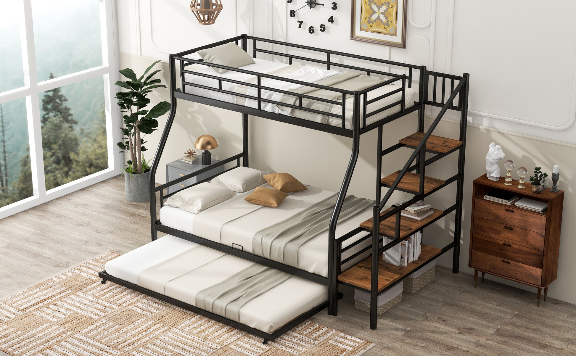 Twin Over Full Size Metal Bunk Bed With Trundle And Storage Staircase, Black Twin Black Metal