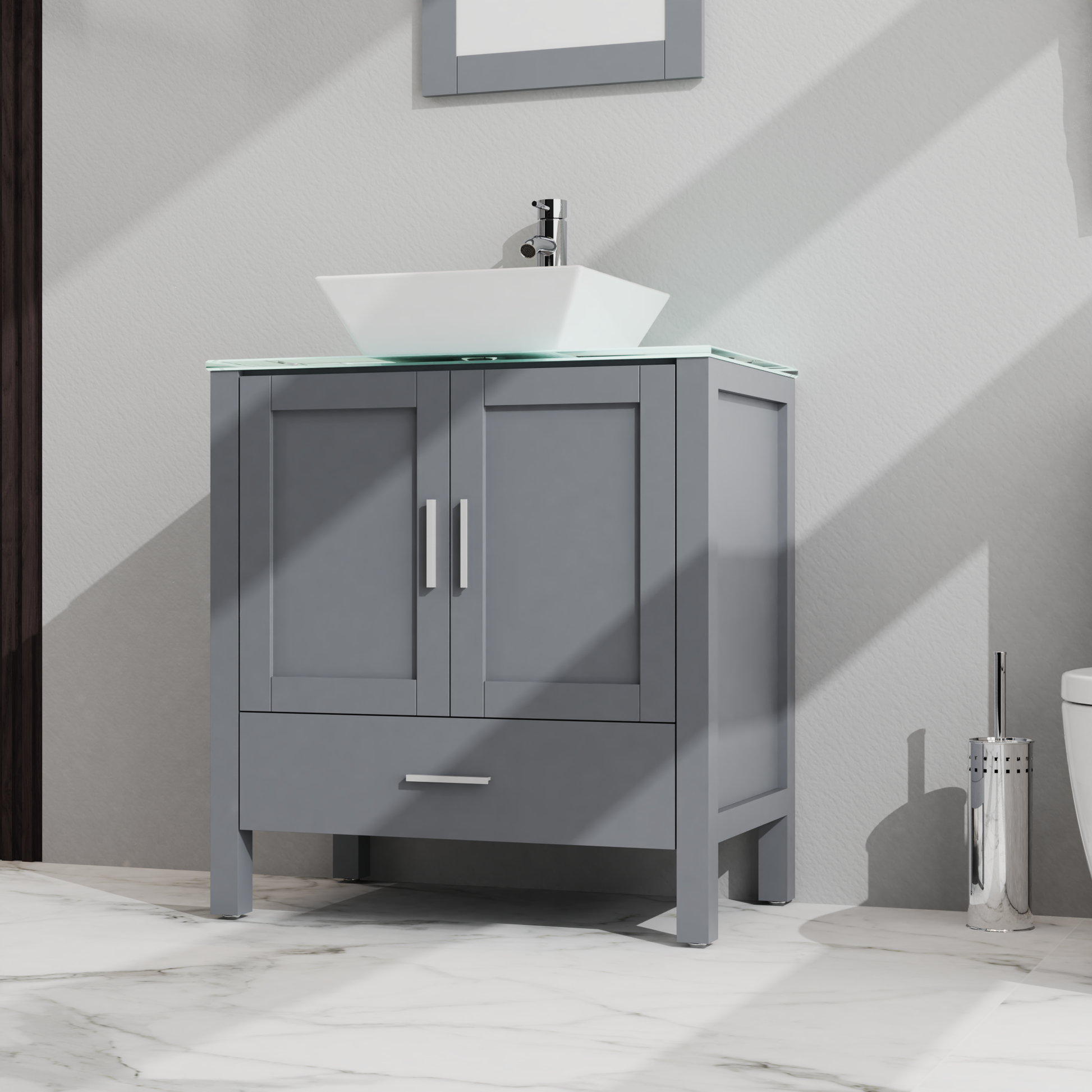 Goodyo 30" Bathroom Vanity And Sink Combo Glass Top Cabinet W Mirror, Gray 1 Gray 2 24 To 35 In 24 To 31 In Mirror Included Bathroom Freestanding American Design 15 20 Inches Mdf Mdf Glass