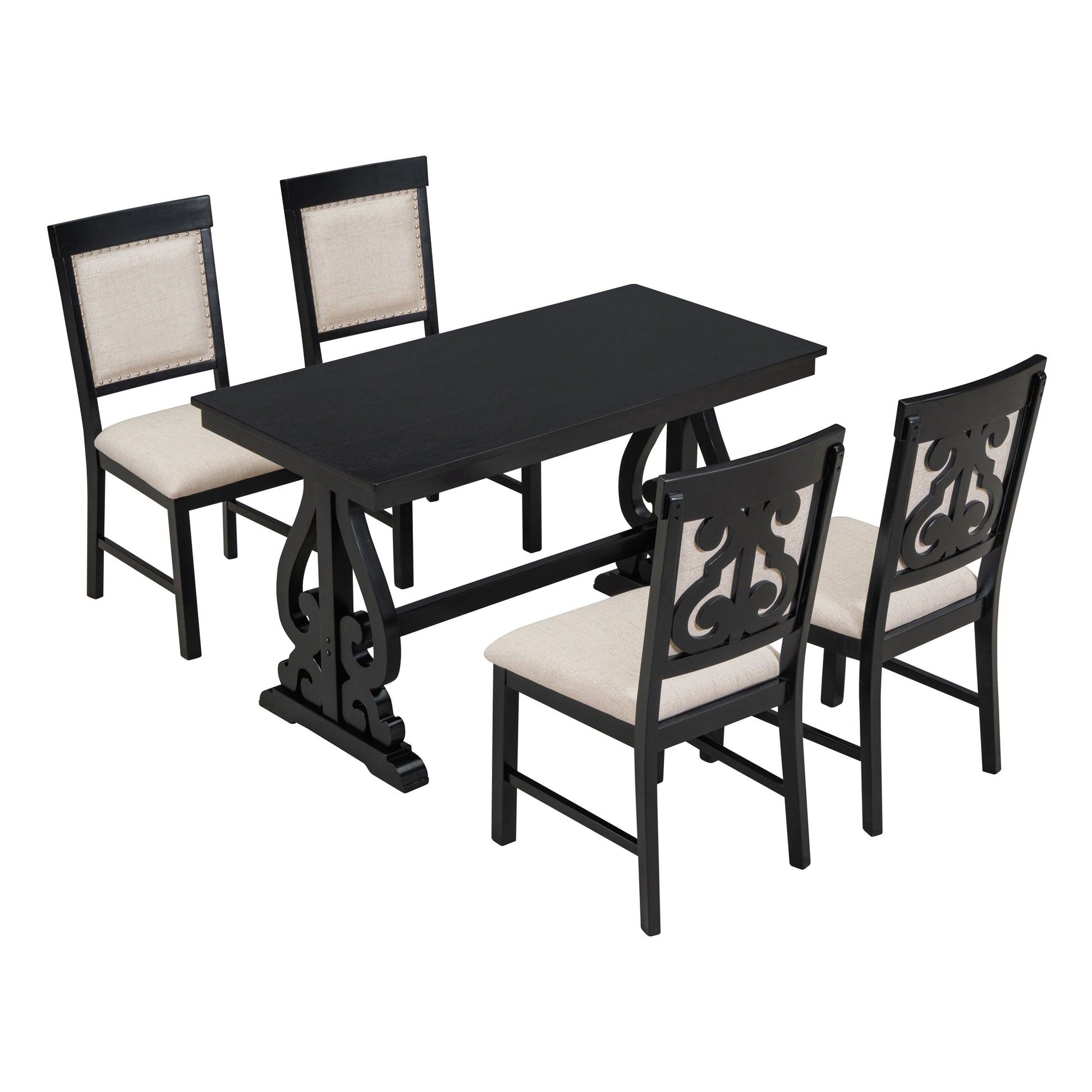 5 Piece Retro Dining Set, Rectangular Wooden Dining Table And 4 Upholstered Chairs For Dining Room And Kitchen Black Black Solid Wood Mdf