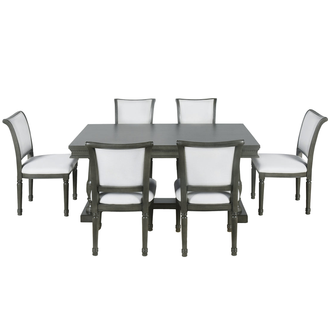7 Piece Dining Table With 4 Trestle Base And 6 Upholstered Chairs With Slightly Curve And Ergonomic Seat Back Gray Upholstered Chair Wood Gray Seats 6 Wood Dining Room Distressed Finish American Design,Antique Trestle Rectangular Dining Table With Chair