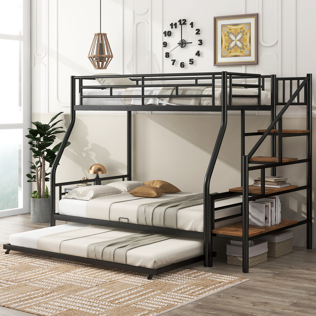 Twin Over Full Size Metal Bunk Bed With Trundle And Storage Staircase, Black Twin Black Metal