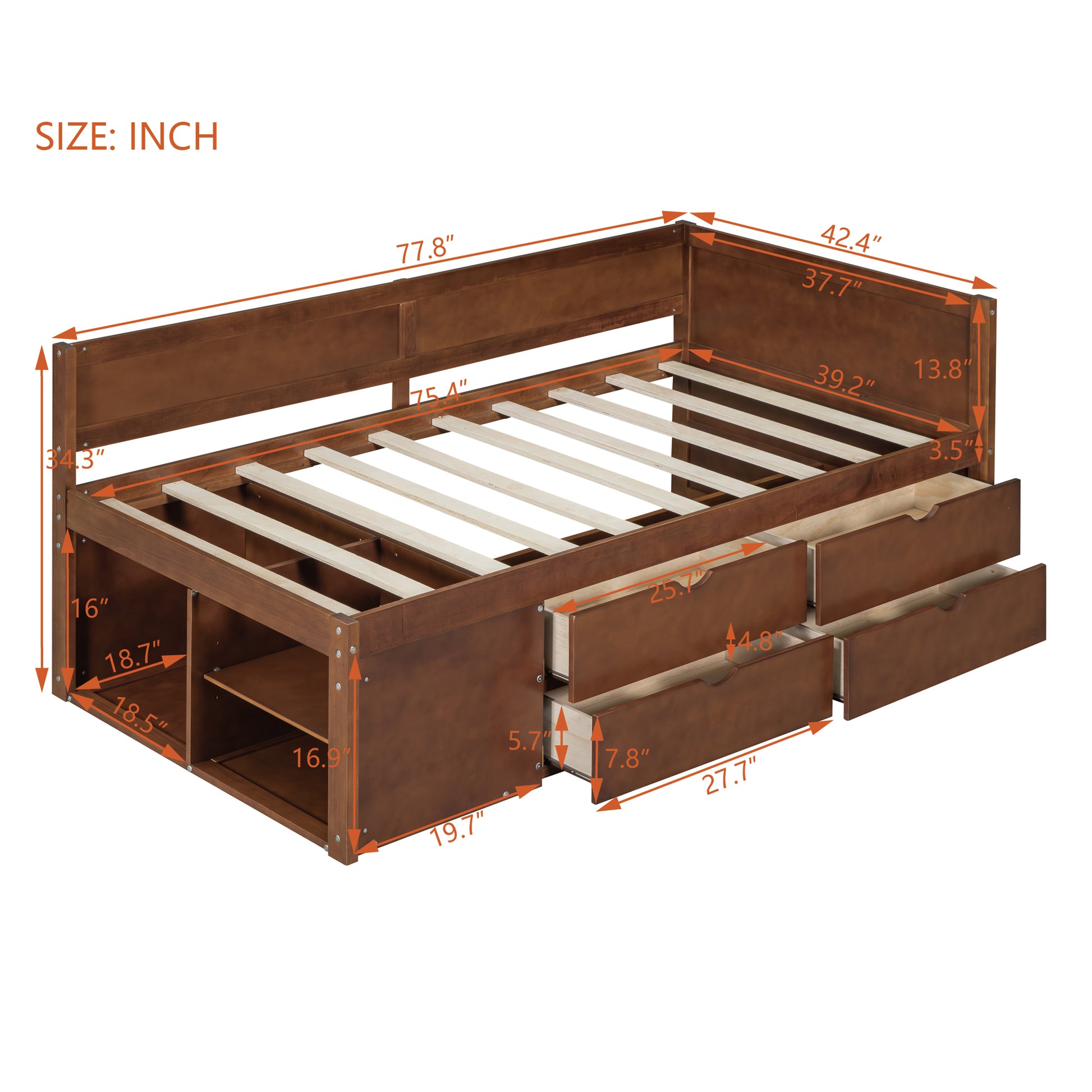 Twin Size Daybed With Drawers And Shelves, Walnut Walnut Solid Wood