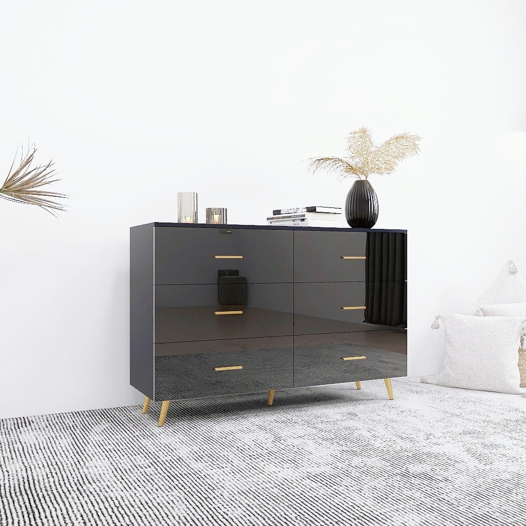 High Glossy Surface 6 Drawers Chest Of Drawer With Golden Handle And Golden Steel Legs Black Color Vanity Black White Bedroom Modern Poplar Melamine Engineered Wood